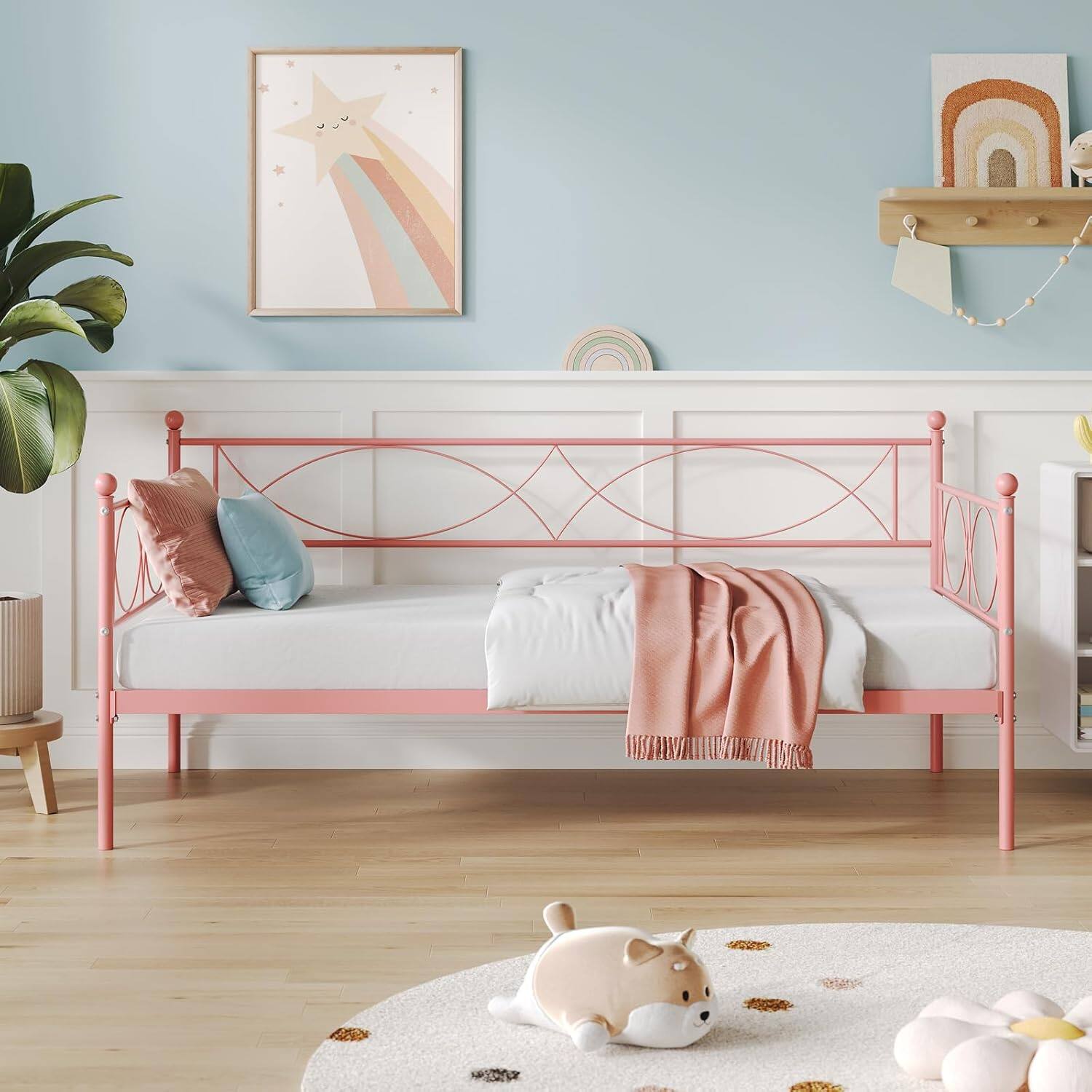Alt View 1. GARVEE - Twin Size Daybed with Trundle - Metal Daybed Frame with Steel Slats, Headboard & Roll-Out Bed (Pink Daybed) - Pink.
