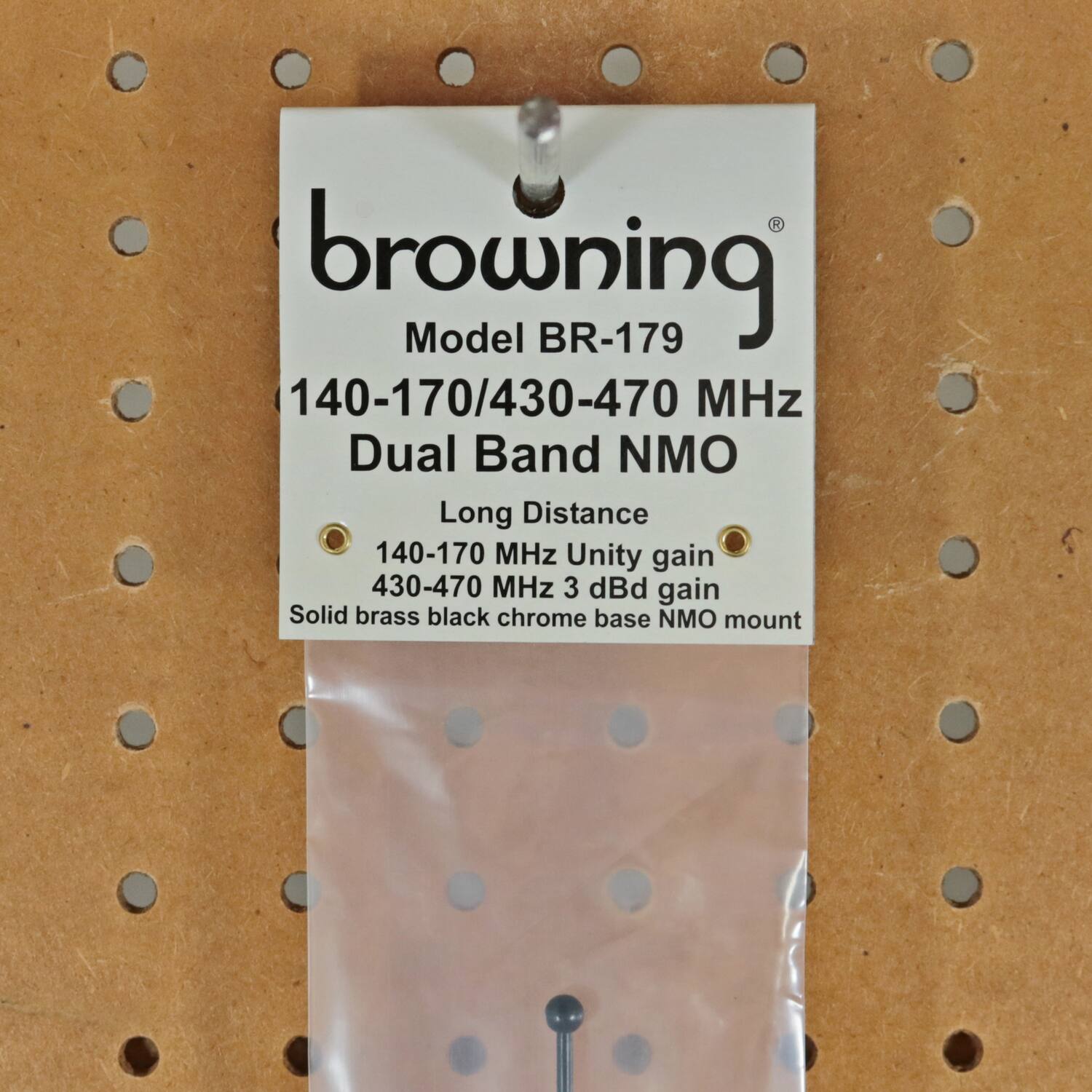 browning  
Model BR-179  
140-170/430-470 MHz Dual Band NMO  

Long Distance  
140-170 MHz Unity gain  
430-470 MHz 3 dBi gain  
Solid brass black chrome base NMO mount