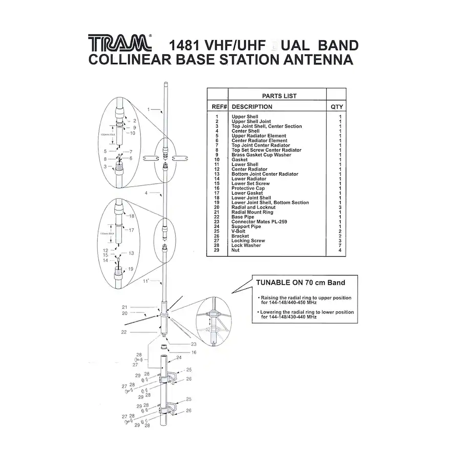 Tram Connector Tram 200 Watt Dual Band 3 Section Fiberglass Base Antenna 50 Ohm UHF SO ...