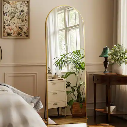 Front. Easly - GOLD 21 in. W x 64 in.H Arched Aluminum Alloy Full Length Floor Mirror - Gold.