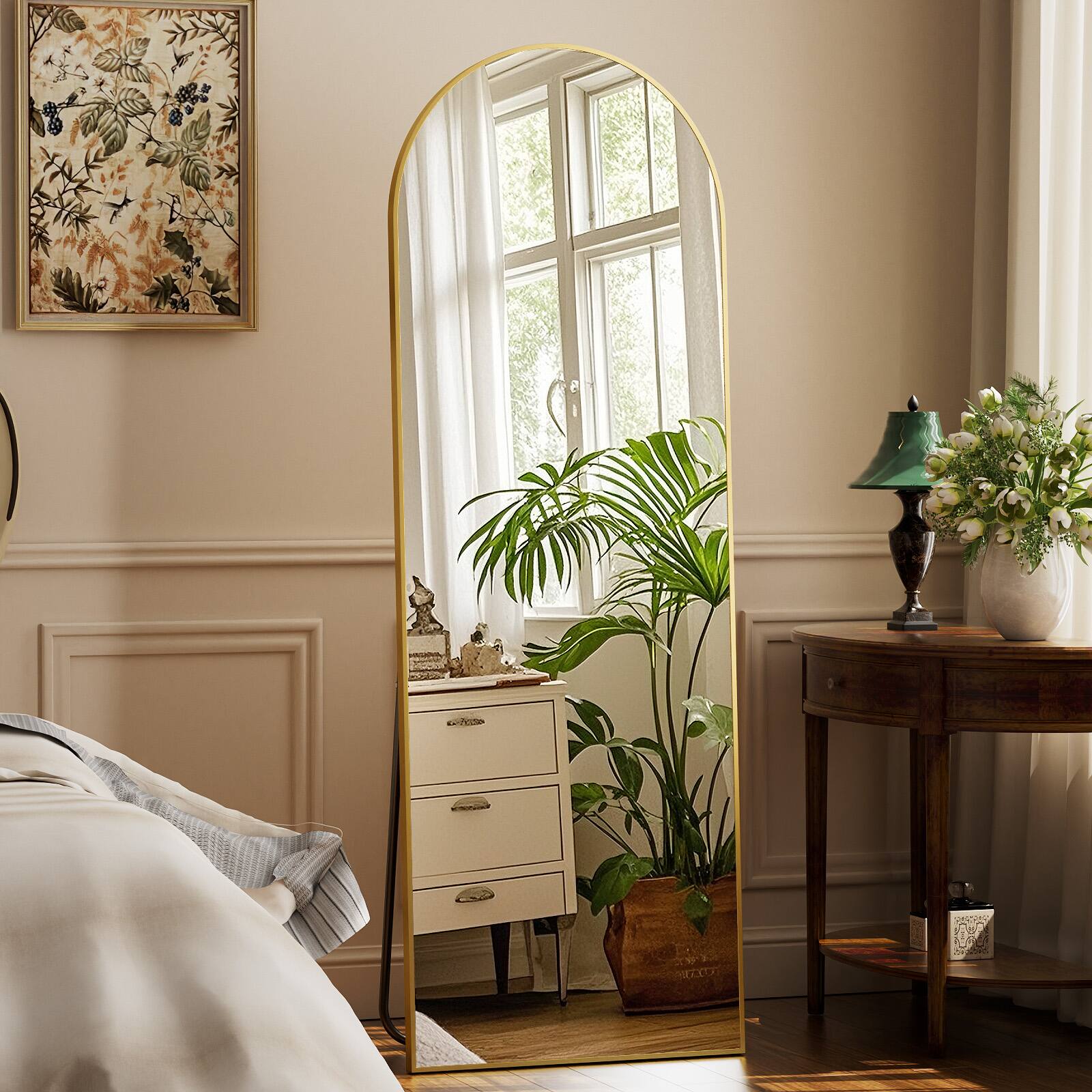 Front. Easly - GOLD 21 in. W x 64 in.H Arched Aluminum Alloy Full Length Floor Mirror - Gold.