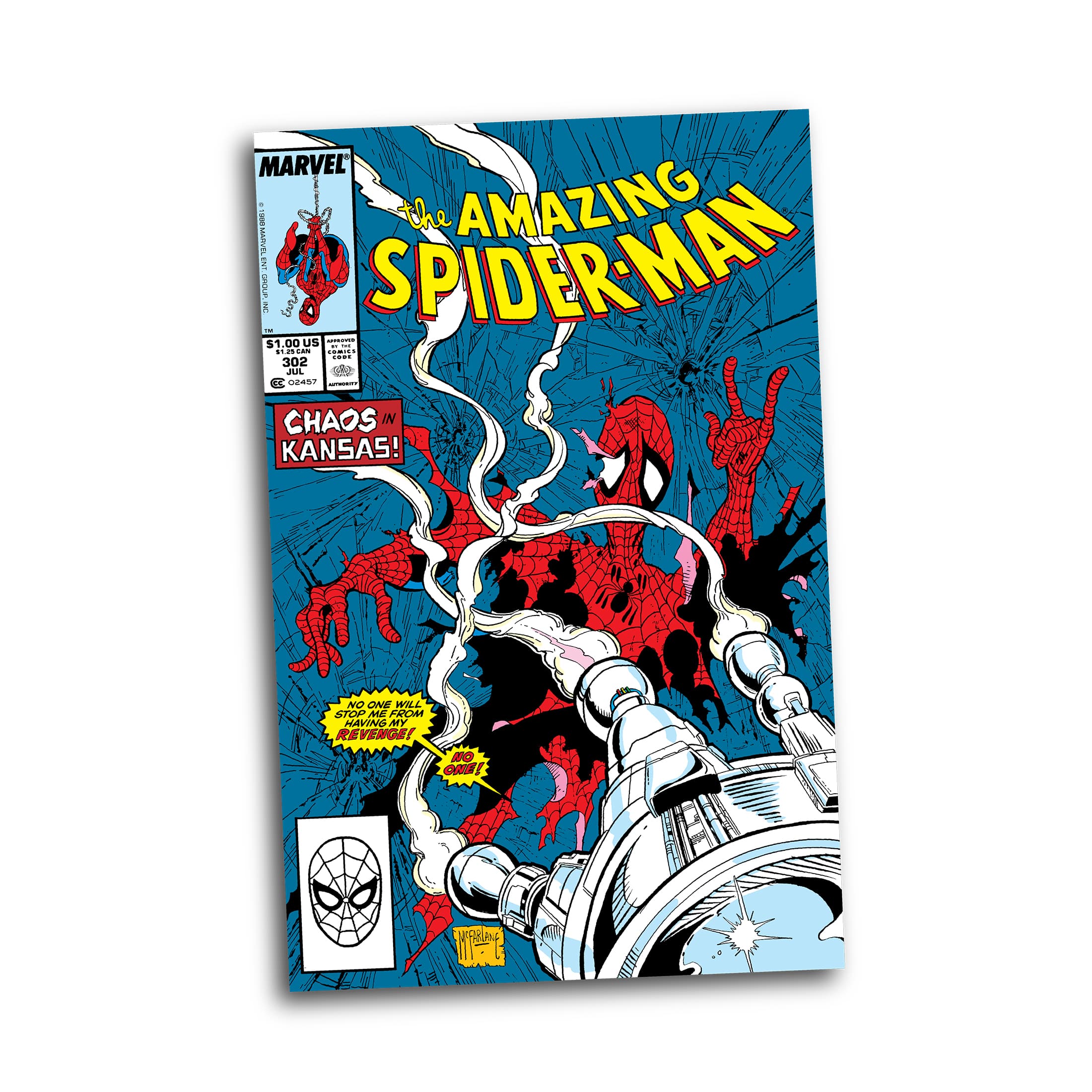 The Amazing Spider-Man #1077 is a comic book that features the character Spider-Man. The cover of the comic book is blue and white, with a picture of Spider-Man on it. The comic book costs $1.00 and is 32 pages long. The story inside the comic book is titled "Chaos in Kansas! No one will stop me from having my revenge! No one!"