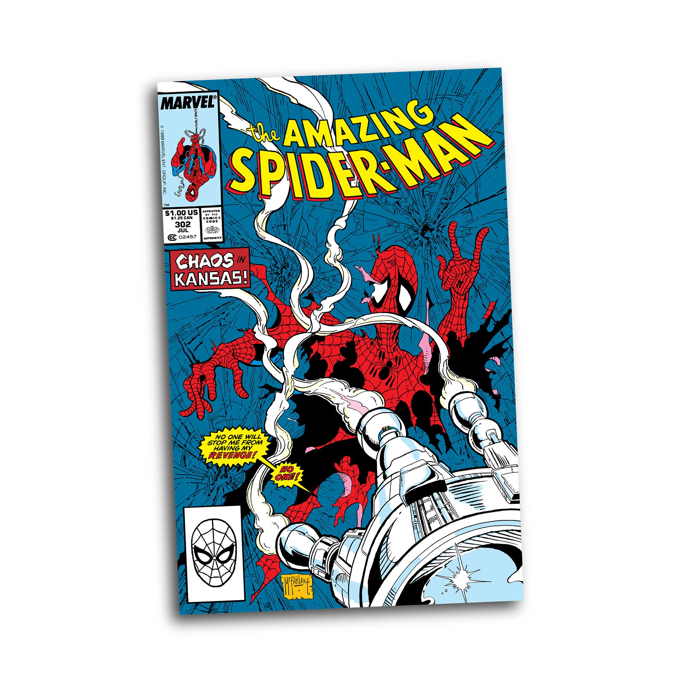 The Amazing Spider-Man #1077 is a comic book that features the character Spider-Man. The cover of the comic book is blue and white, with a picture of Spider-Man on it. The comic book costs $1.00 and is 32 pages long. The story inside the comic book is titled "Chaos in Kansas! No one will stop me from having my revenge! No one!"