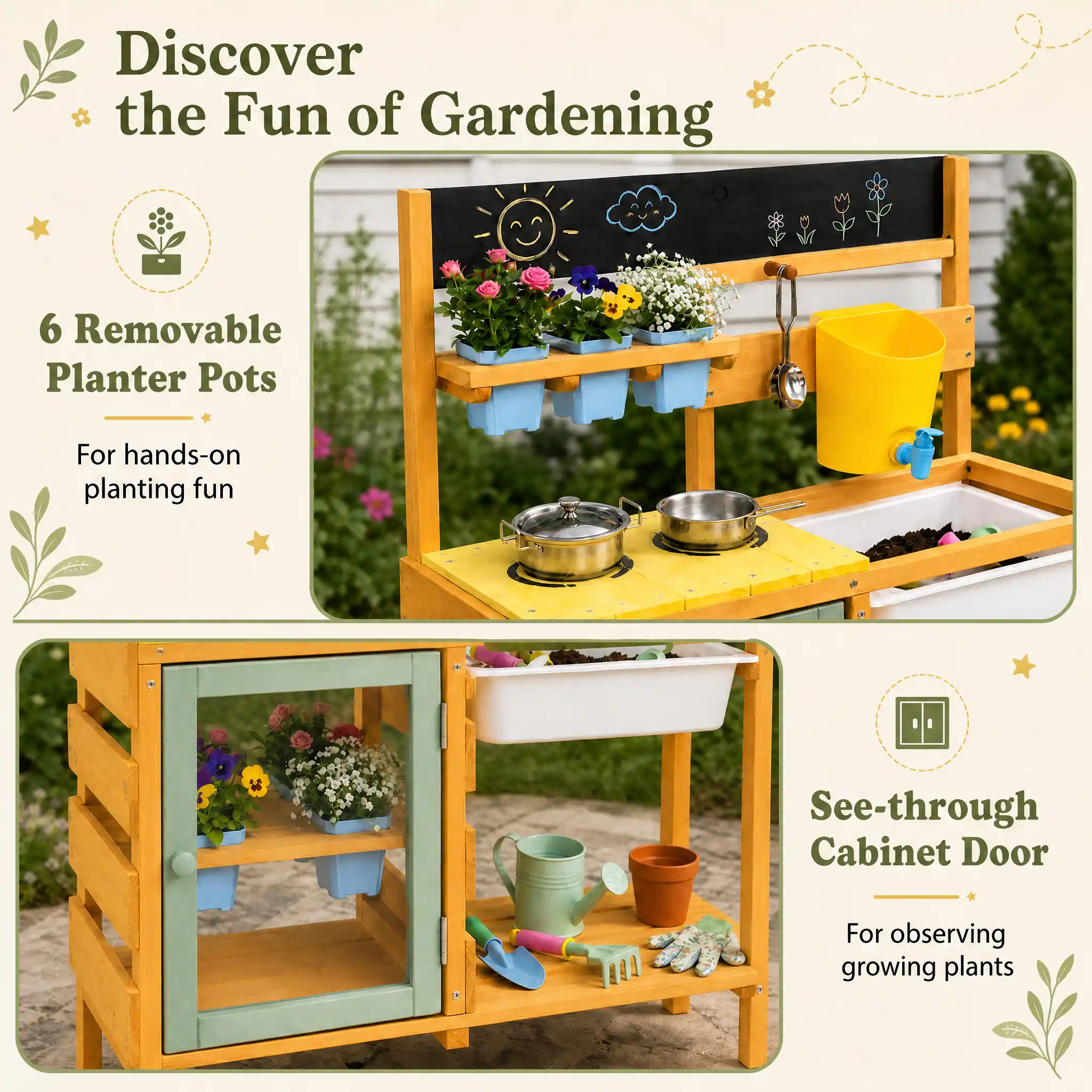 Discover the Fun of Gardening

6 Removable Planter Pots
For hands-on planting fun

See-through Cabinet Door
For observing growing plants