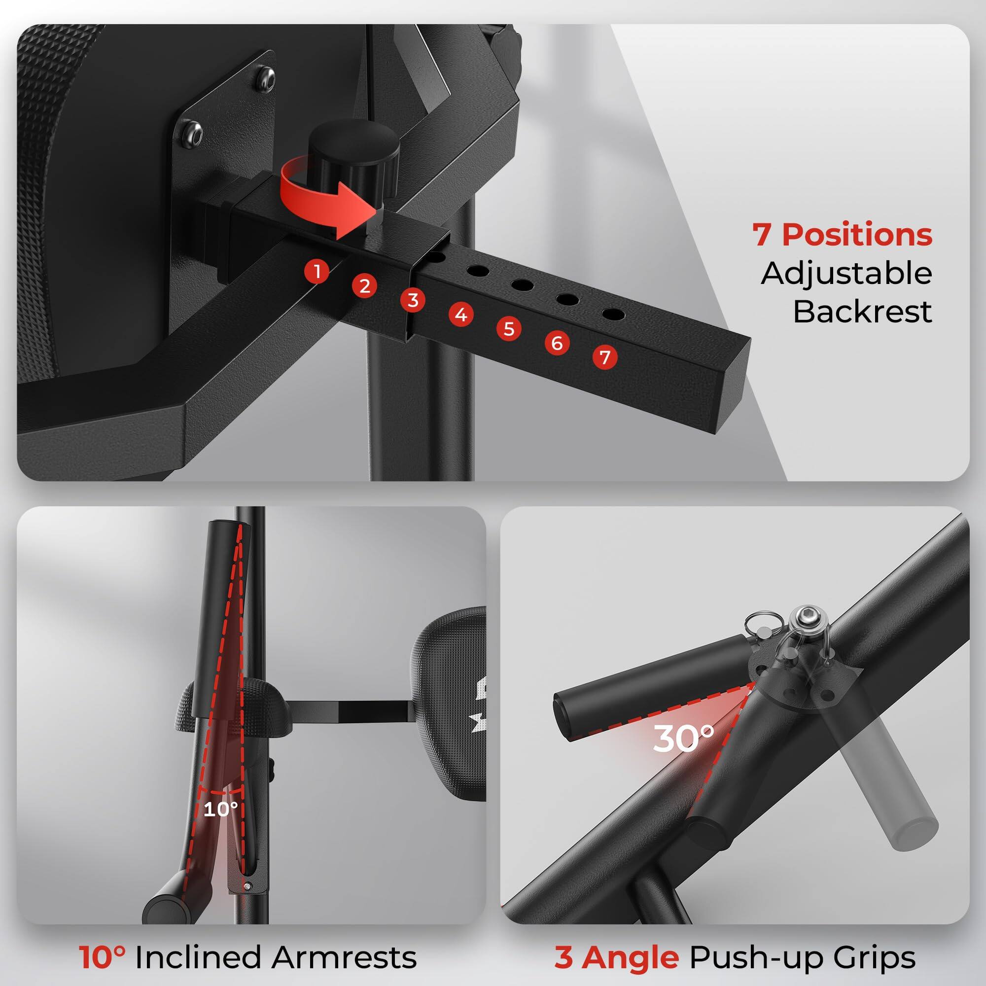 7 Positions Adjustable Backrest  
10° Inclined Armrests  
3 Angle Push-up Grips