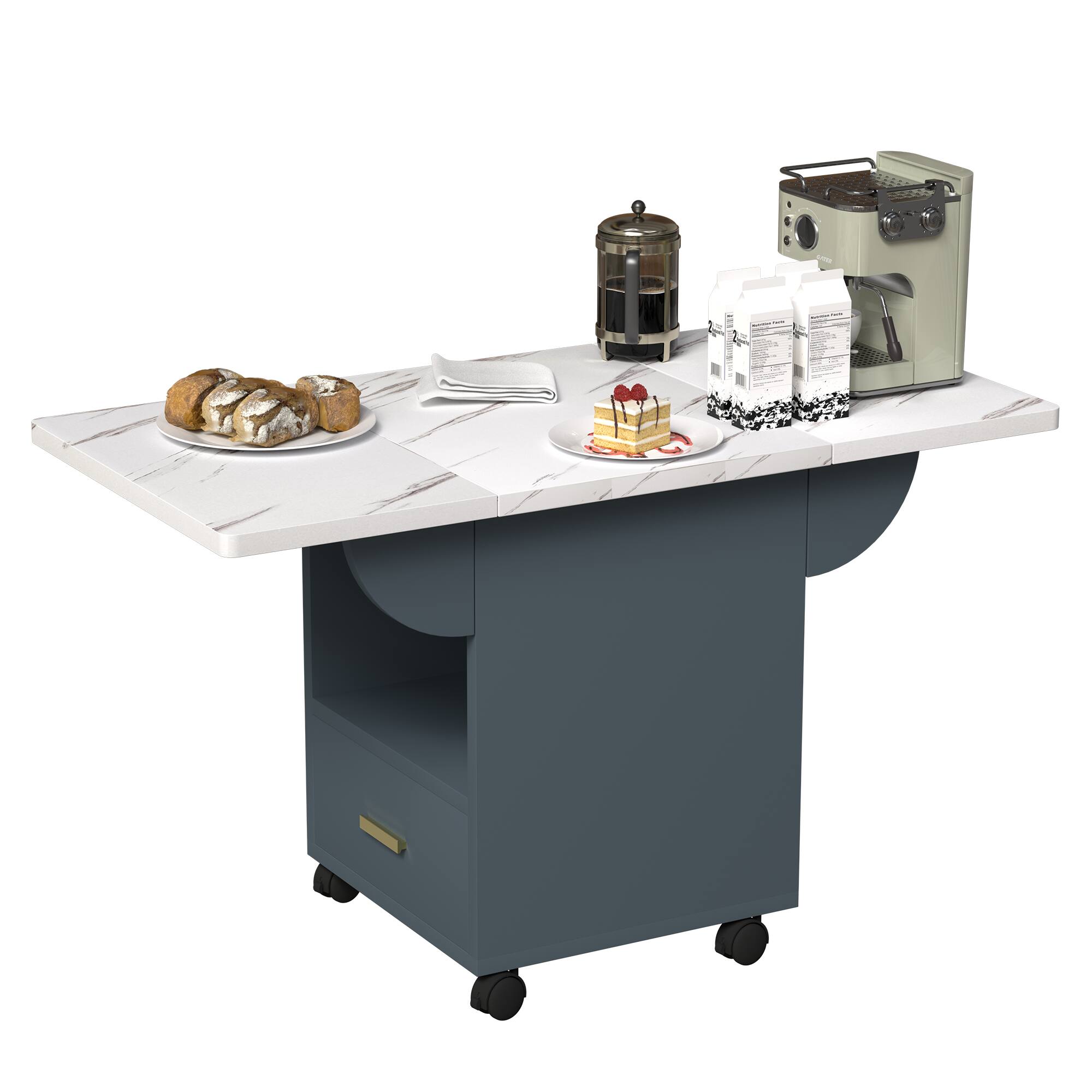 Front. Ecooso - 39.4" Wood Folding Dining Table with 4 Wheels, Storage Rack and 1 Drawers, Versatile Table Space Saving F - White.