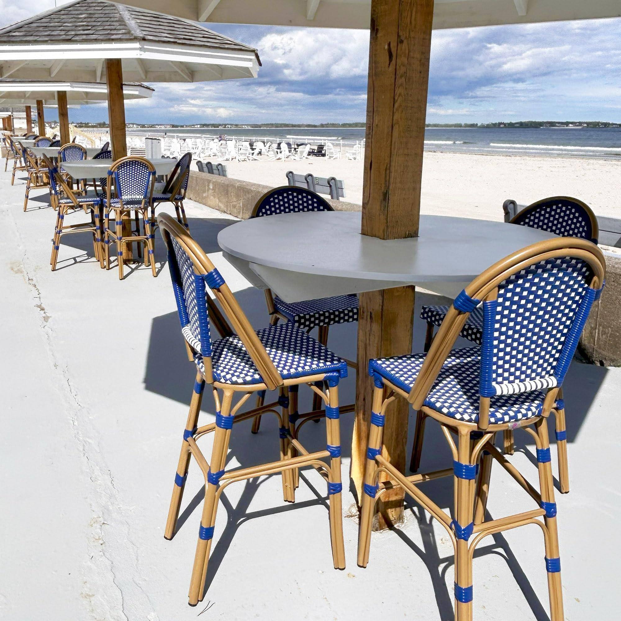 Alt View 2. PURPLE LEAF - French Counter Height Bar Stool Set of 2 Patio Bar Chairs with Back Rattan Bar Chairs French Bistro Set - Bamboo Pattern/Royal Blue-Counter Stool.