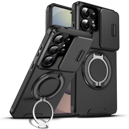 Front. Dteck - For Samsung Galaxy S25 Edge Magnetic Built-in Kickstand Rotate Ring Holder Hybrid TPU+PC Shockproof Hard Case - Black.