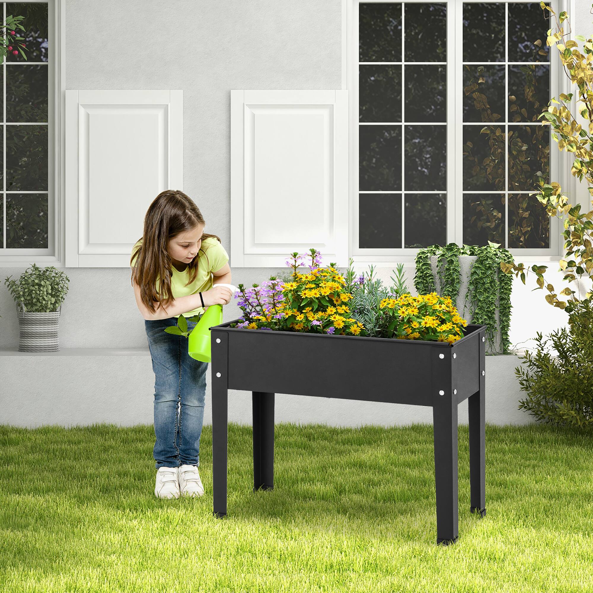 Alt View 3. Costway - 24'' Raised Garden Bed with Legs Metal Elevated Planter Box Drainage Hole Backyard - Black.