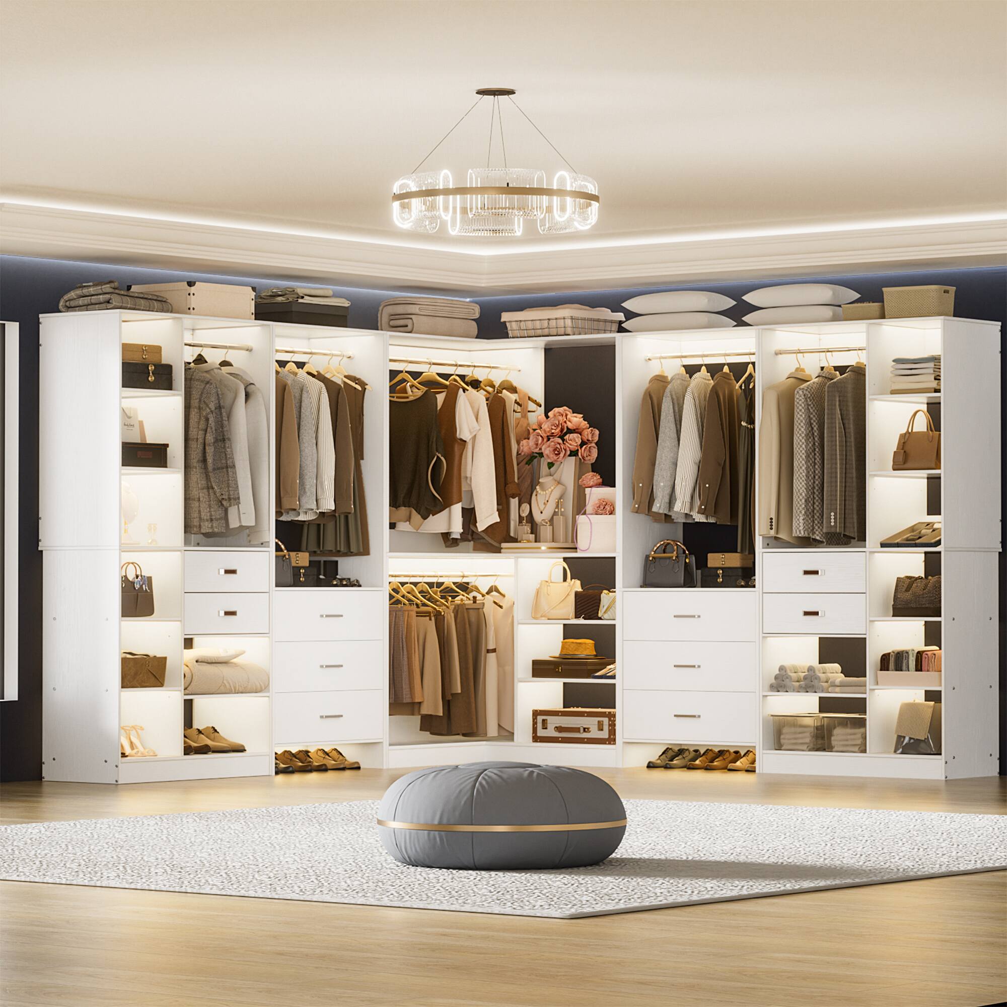 Alt View 3. Aheaplus - 100'' Large L Shaped Walk-in Closet System with 10 Wooden Drawers, 6 Hanging Rods and Corner Tower - White.