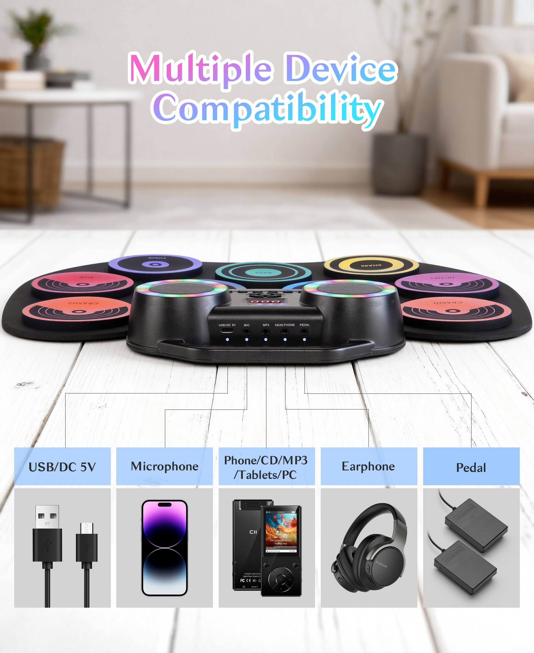 Alt View 5. Sugift - Colorful Roll-Up Electronic Drum Set with Flashing Lights, Dual Speakers & Headphone Jack for Kids - Black.