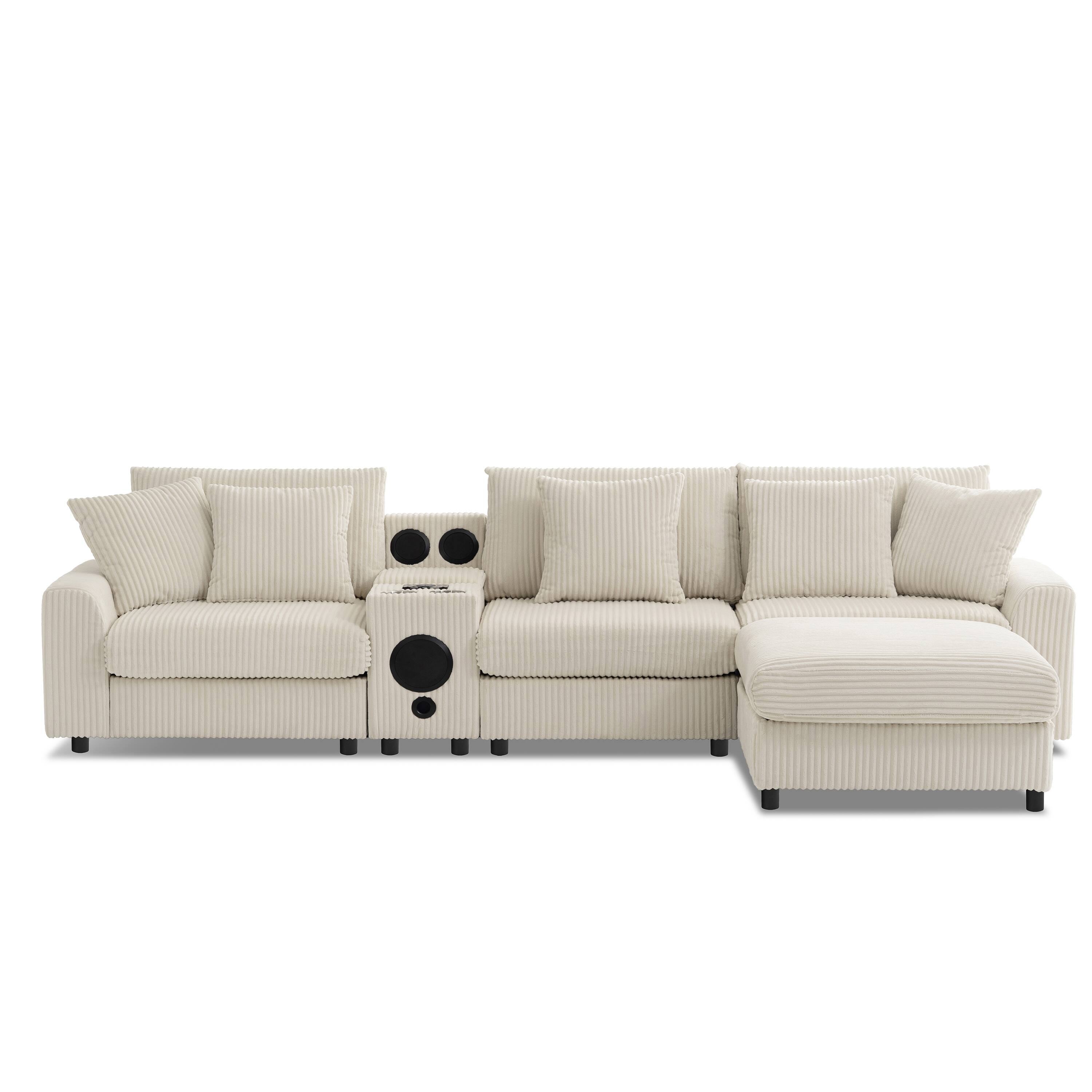 Left. Whisen - Corduroy L-Shaped Sectional Sofa with Bluetooth Speakers, Storage & Ottoman for Living Room - Cream.