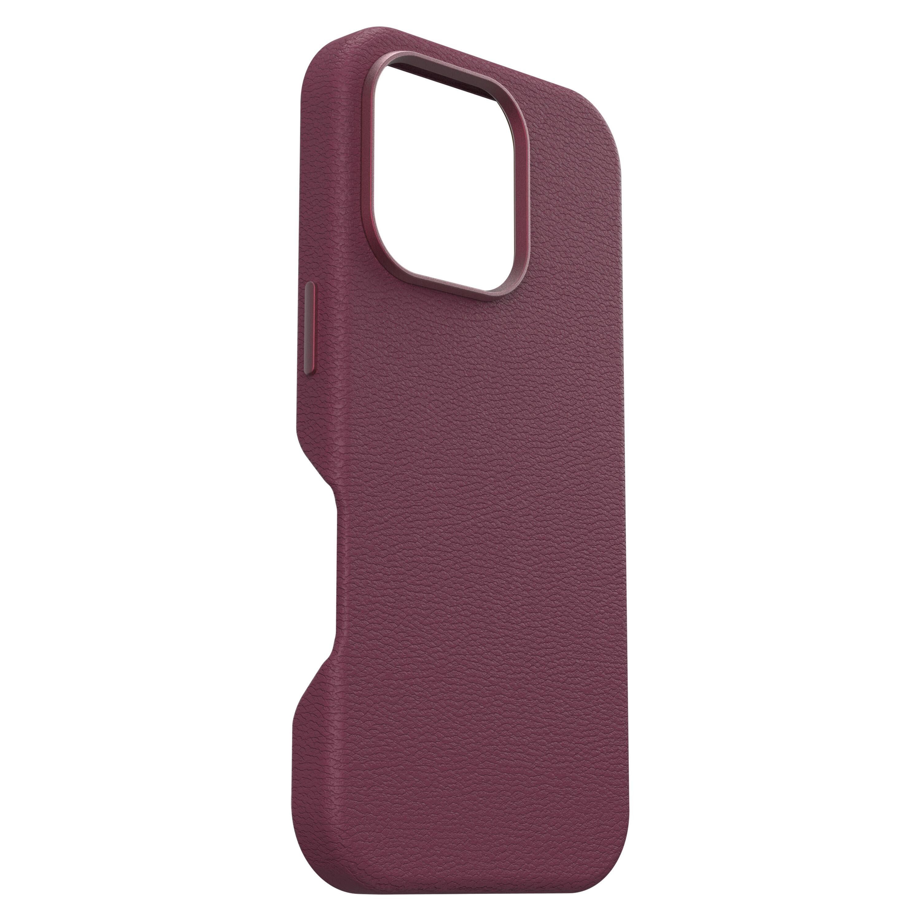 Left. OtterBox - Symmetry Cactus Leather Series Hard Shell for MagSafe for Apple iPhone 16 Pro - Maroon Bells.