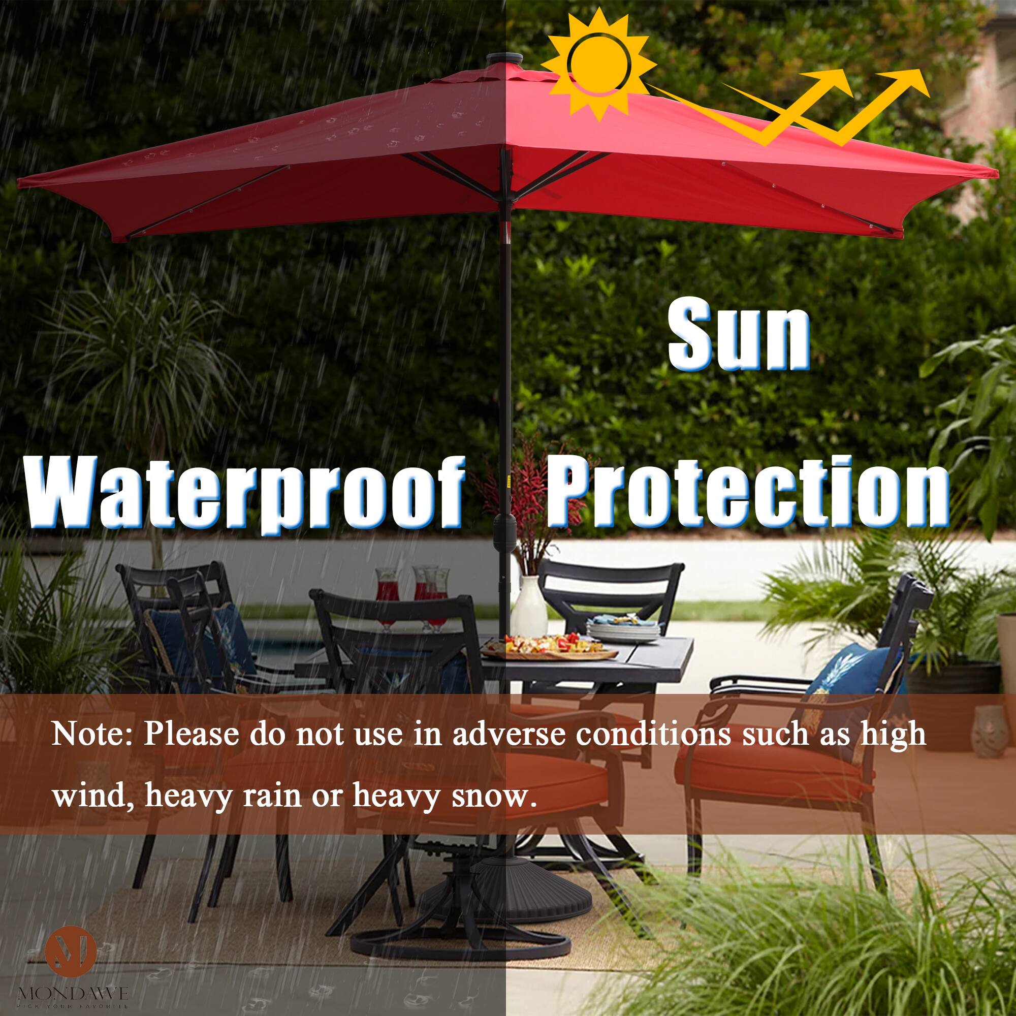 Sun Waterproof Protection

Note: Please do not use in adverse conditions such as high wind, heavy rain or heavy snow.