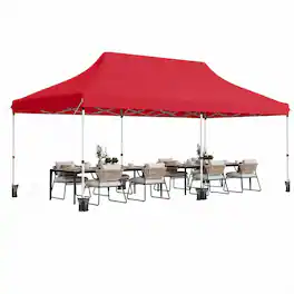 Costway - 10 x 20FT Pop-up Canopy Tent Folding Instant Sun Shelter with 3 Adjustable Heights - Red