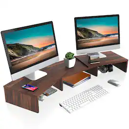 Hanke - Dual Monitor Stand - 3 Shelf Computer Riser Wood Desktop With Adjustable Length And Angle Desk Accessories - Brown