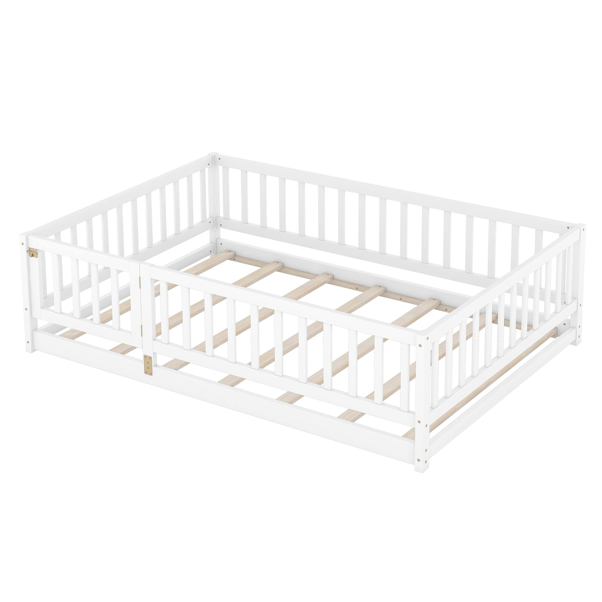 Alt View 8. GOODSILO - Full Size Montessori Floor Bed with Fence & Door - Low Profile Wood Bed Frame for Kids, Toddlers, Boys & Girls - White.
