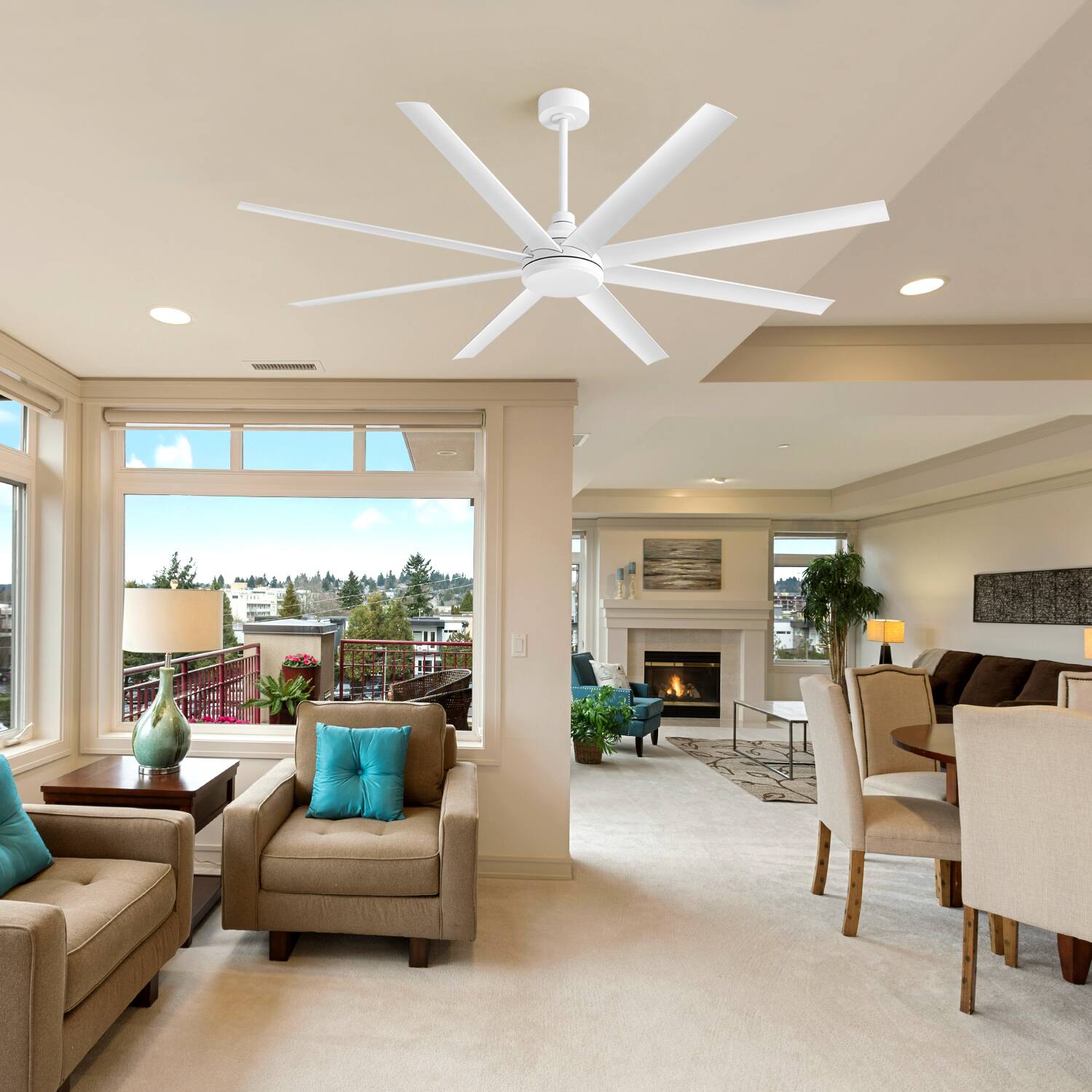 Alt View 7. Breezary - 72" Large Indoor Ceiling Fan with Remote, 8 ABS Blades, 6-Speed DC Motor, Timer, 7''/12''Downrods, Light/No Light Option - Matte White (Without Light).