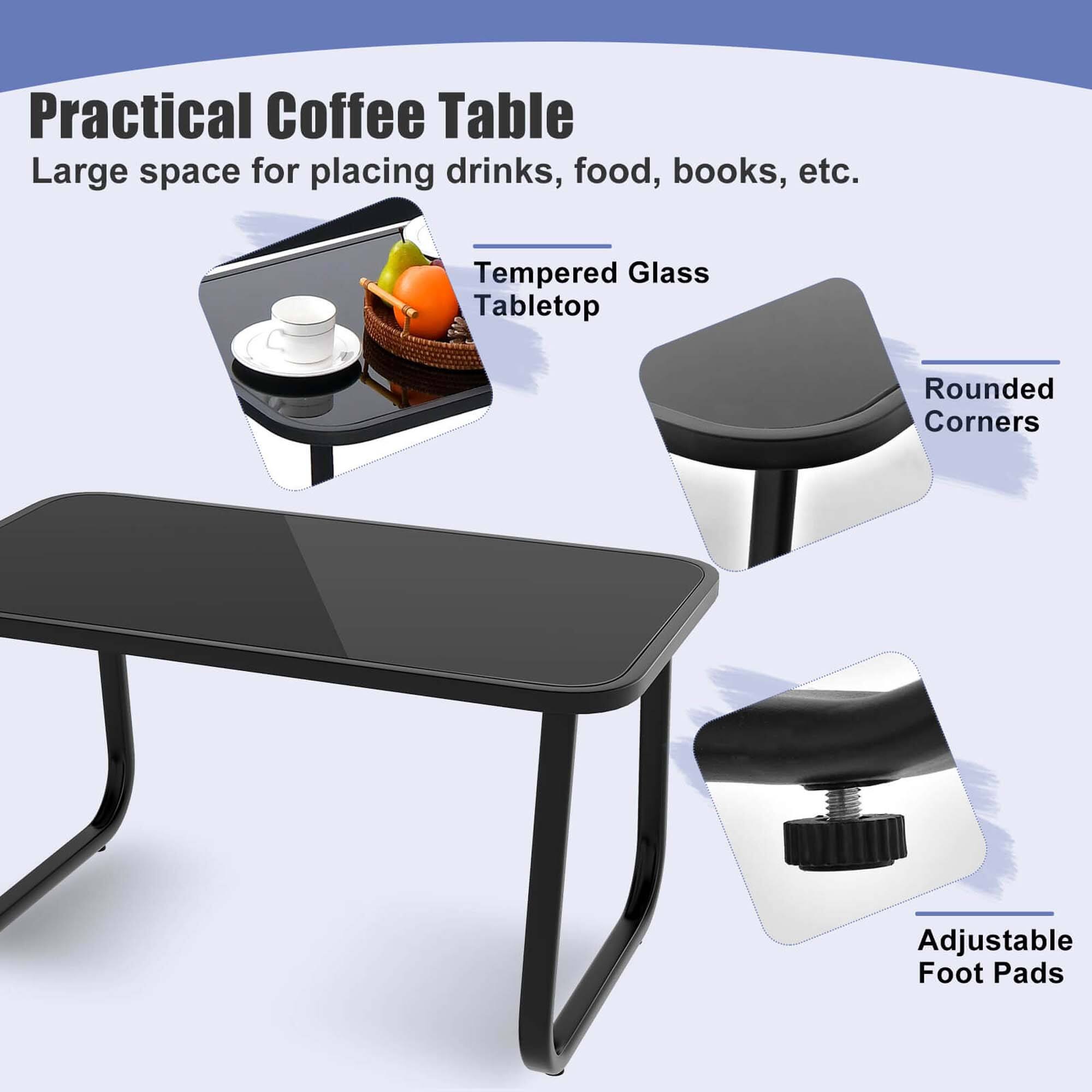 Practical Coffee Table: Large space for placing drinks, food, books, etc. Tempered Glass Tabletop. Rounded Corners. Adjustable Foot Pads.