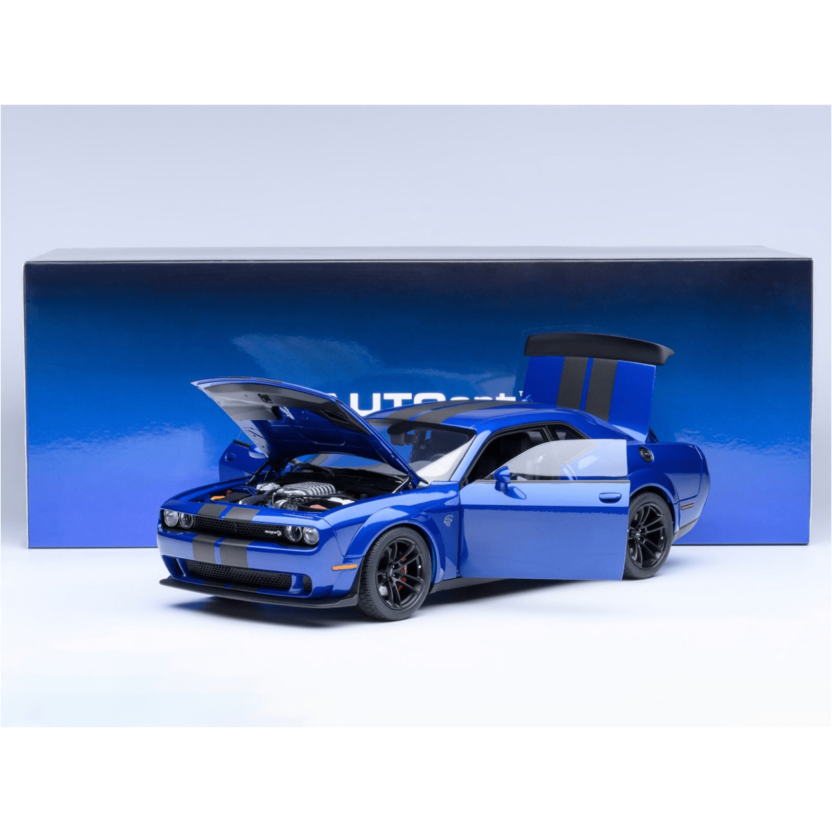 Alt View 9. Autoart - 2022 Dodge Challenger SRT Jailbreak Indigo Blue Metallic with Carbon Stripes 1/18 Model Car by Autoart.