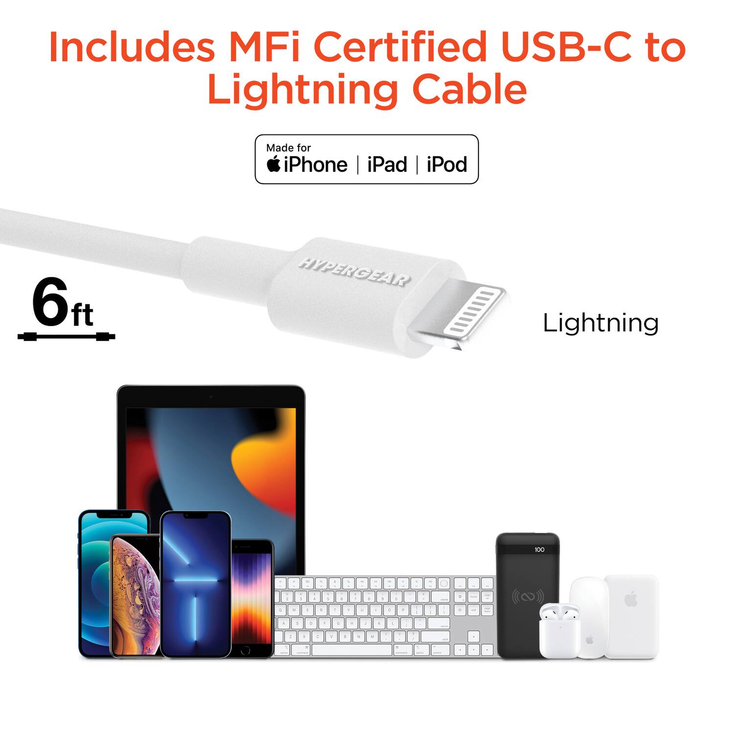 Includes MFi Certified USB-C to Lightning Cable

Made for iPhone | iPad | iPod

6 ft

Lightning