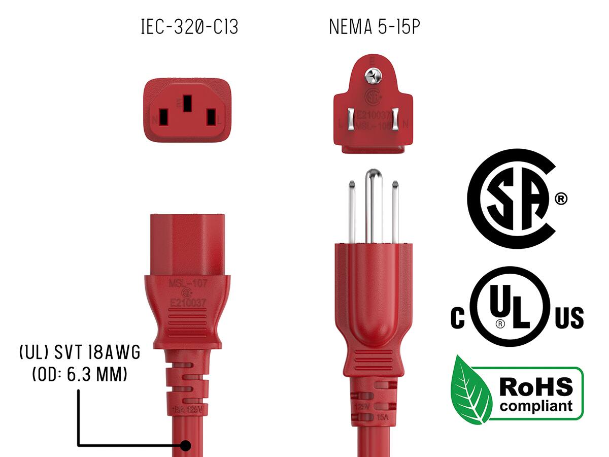 IEC-320-C13  
NEMA 5-15P  
(UL) SVT 18AWG (OD: 6.3 MM)  
MSt 107  
C E210037  
15A 125V  
MSL-1050  
N  
125V 15A  
SA  
UL  
US  
RoHS compliant