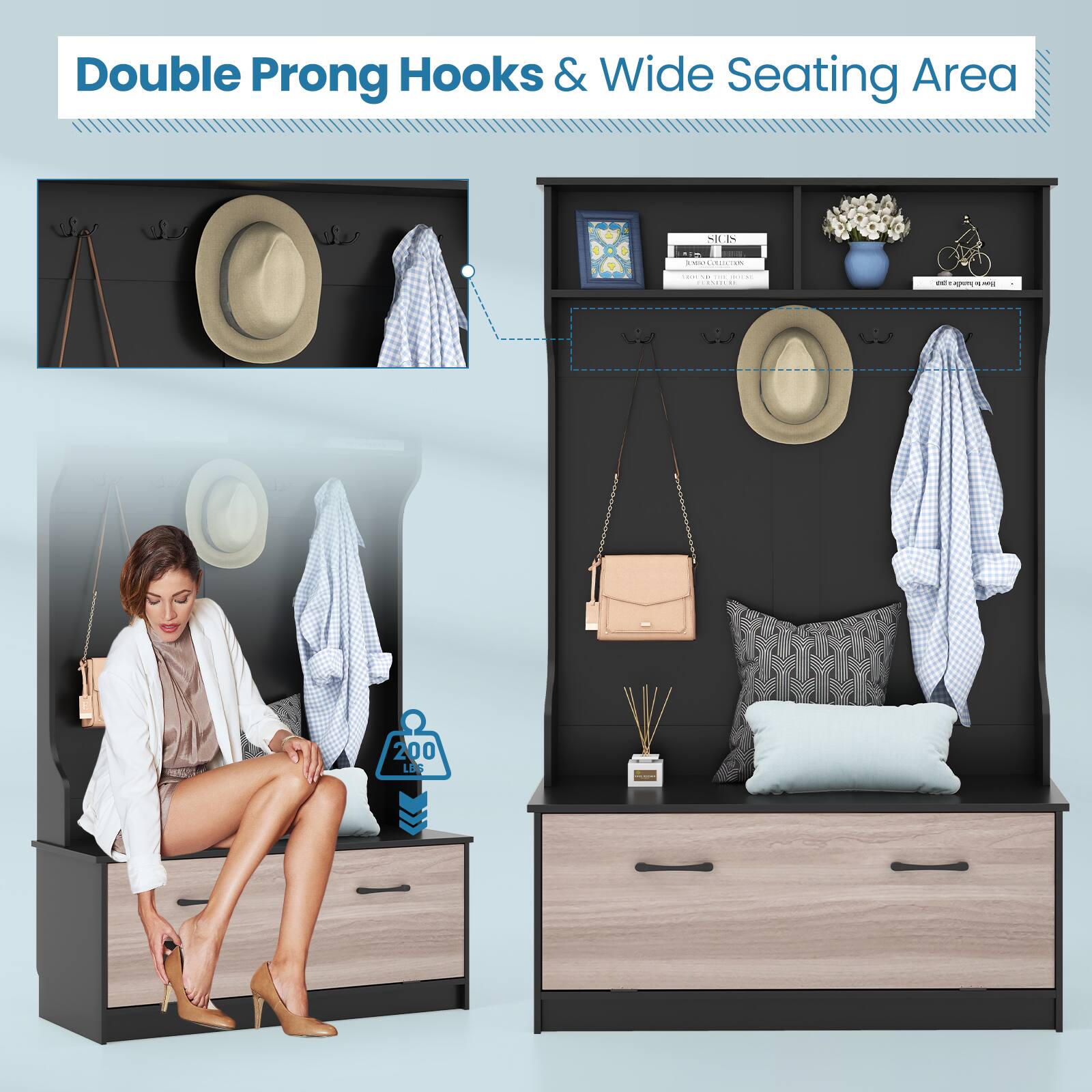 Double Prong Hooks & Wide Seating Area

200 LBS