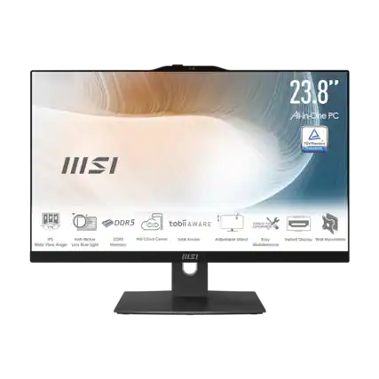23.8" All-in-One PC II
TÜV Rheinland CERTIFIED
P5 178 +
DDR5
tobii AWARE 42
FED
UPERAUE
MNTCA
KOM
IPS
Anti-Flicker
Wide View Angle
Less Blue Light
DORS
Memory
MSI Cloud Center
tobi Aware
Adjustable Stand
Easy Instant Display
Wall Mountable
Maintenance
HllSi