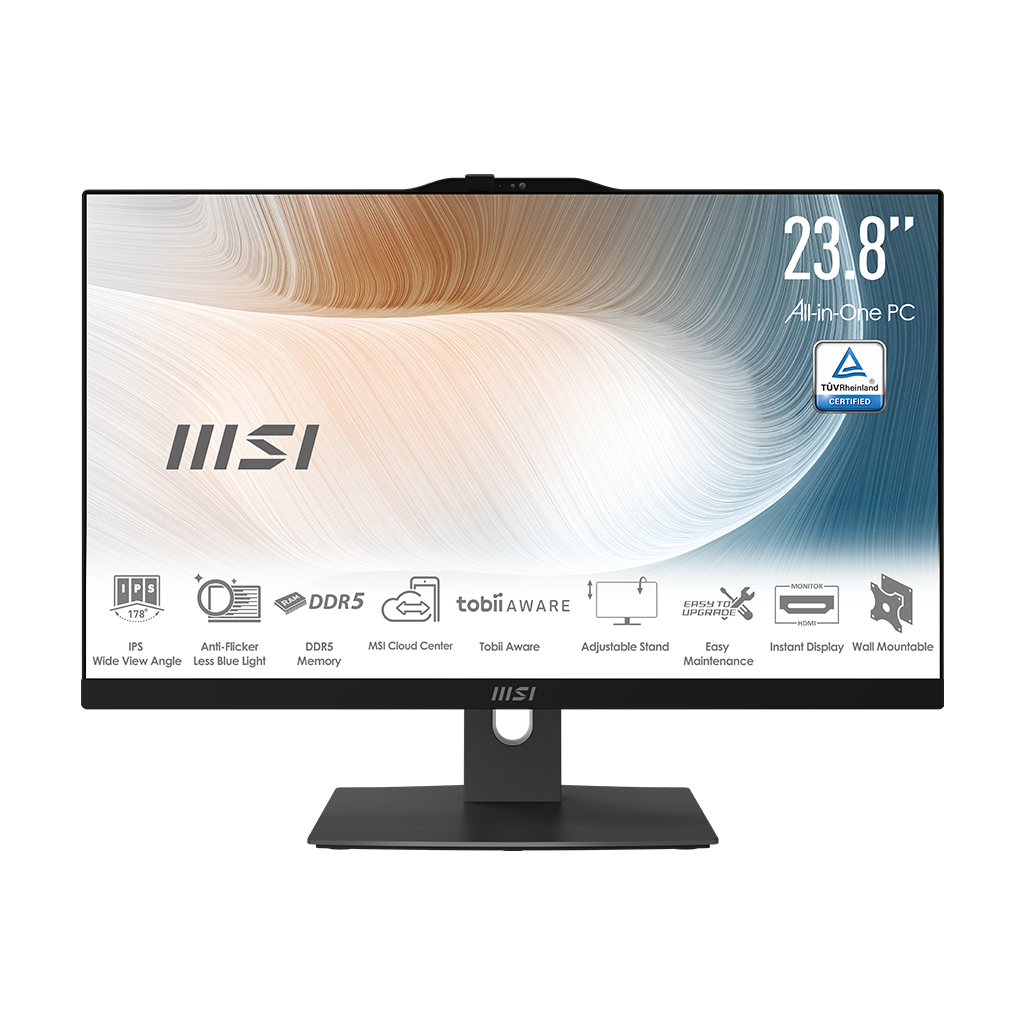 23.8" All-in-One PC II  
TÜV Rheinland CERTIFIED  
P5 178 +  
DDR5  
tobii AWARE 42  
FED  
UPERAUE  
MNTCA  
KOM  
IPS  
Anti-Flicker  
Wide View Angle  
Less Blue Light  
DORS  
Memory  
MSI Cloud Center  
tobi Aware  
Adjustable Stand  
Easy Instant Display  
Wall Mountable  
Maintenance  
HllSi