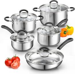 Cook N Home - Stainless Steel Cookware Sets 10-Piece, Pots and Pans Kitchen Cooking Set with Stay-Cool Handles - Silver