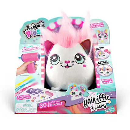 Airbrush Plus NEW ELECTRONIC SPRAY AIRBRUSH Plush) AS CUSTOMIZE PLUSH! YOUR SPRAY STYLE E & HAIR! THE BATERY UPERAND eiCom Ctie a Color ARb AIRBRUSH 3 COLORS! STICK-ON | WARNING: 30 STENCILS! CHOKING HAZARD- Small Smal parts. Not for children under 1 years. Enguires2 1 da AA Saliees N Notiorlaten Wash & Repeat! HAiRi iffic Squishy 6+ Canal loys