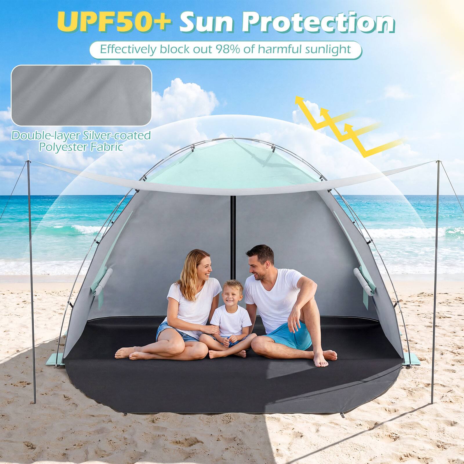 UPF50+ Sun Protection  
Effectively block out 98% of harmful sunlight  

Double-layer Silver-coated Polyester Fabric