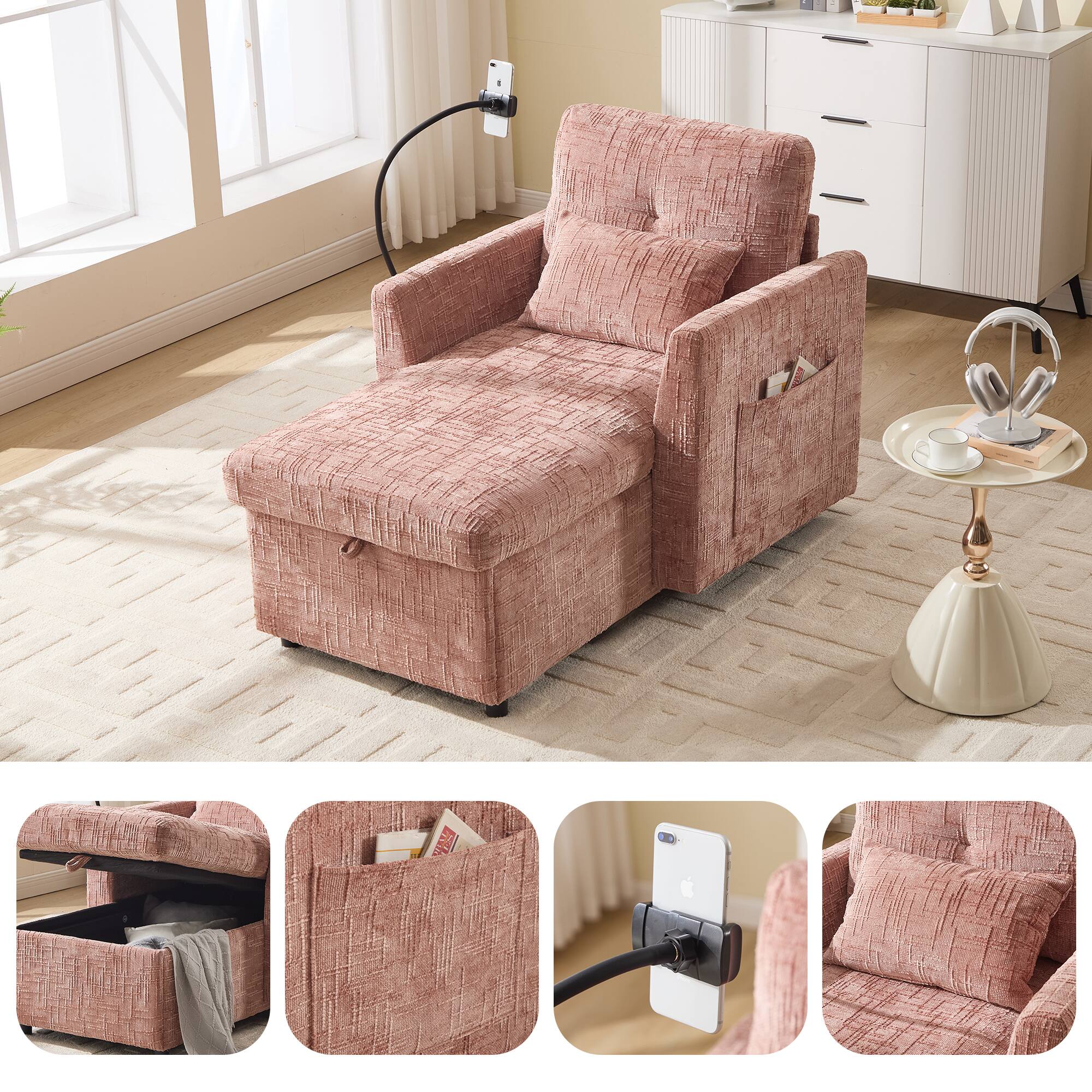 Alt View 2. Trinkets Crazed - Lazy Person Sofa Couch, Multifunctional Chenille Single Leisure Chair with Storage Backrest, Cell Phone Bracket - Pink.
