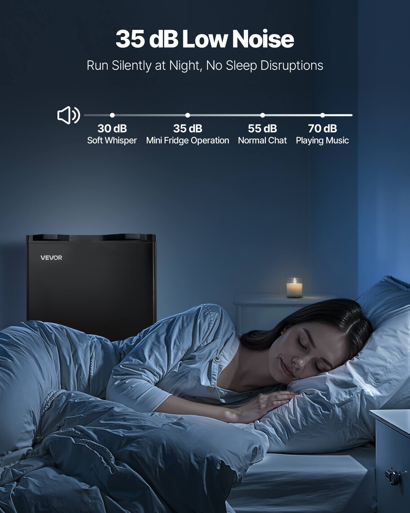 35 dB Low Noise  
Run Silently at Night, No Sleep Disruptions  

30 dB 35 dB 55 dB 70 dB  
Soft Whisper Mini Fridge Operation Normal Chat Playing Music  

VEVOR