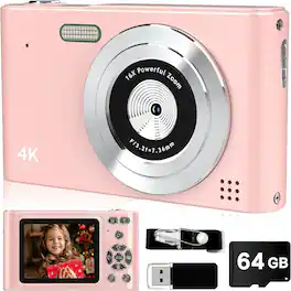 ACJPR - 44MP Digital Camera, 1080P, 16X Zoom, 64GB Card, Anti-Shake (Pink)