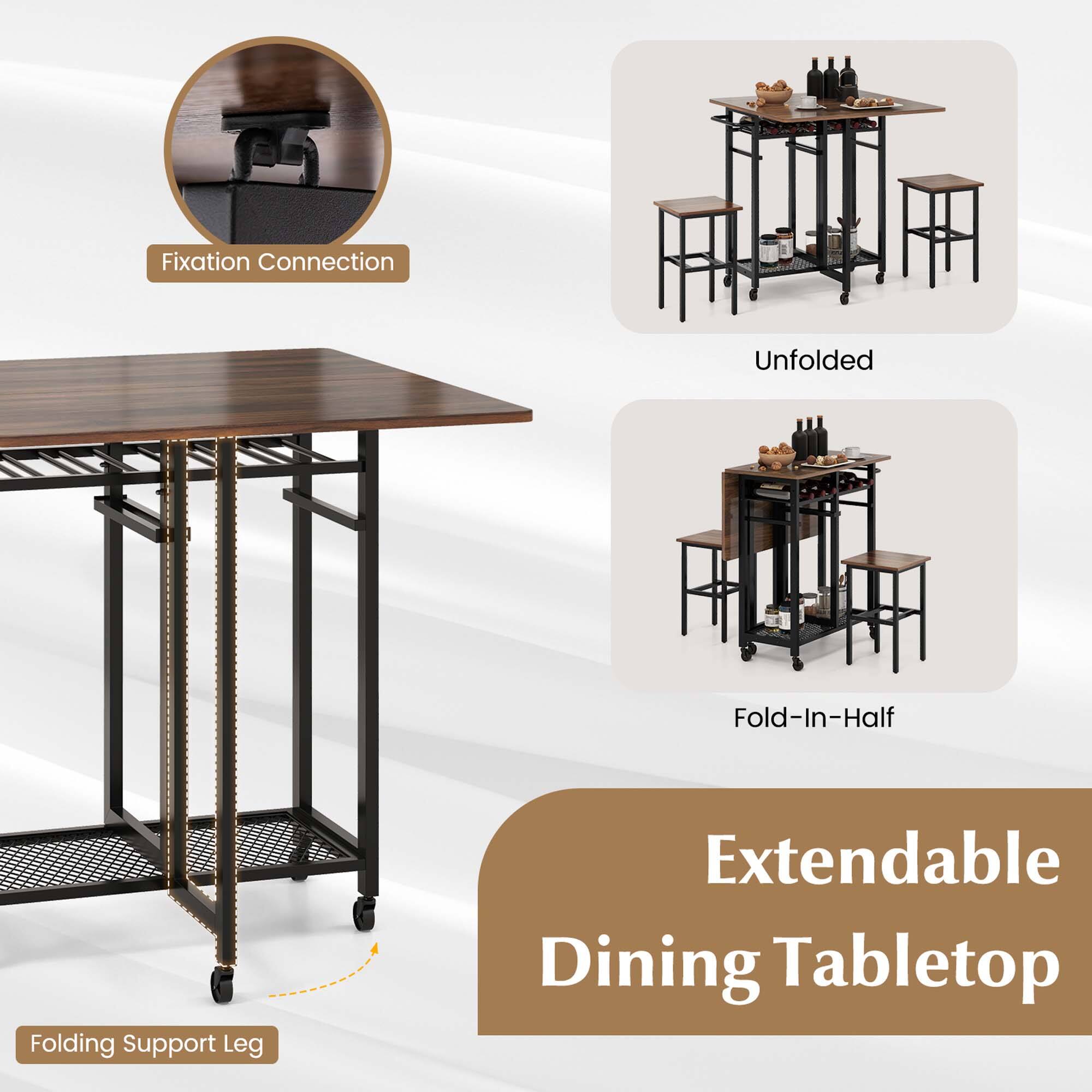 The text on the image is grouped and corrected as follows:

"Fold-In-Half Folding Support Leg Extendable Dining Tabletop"