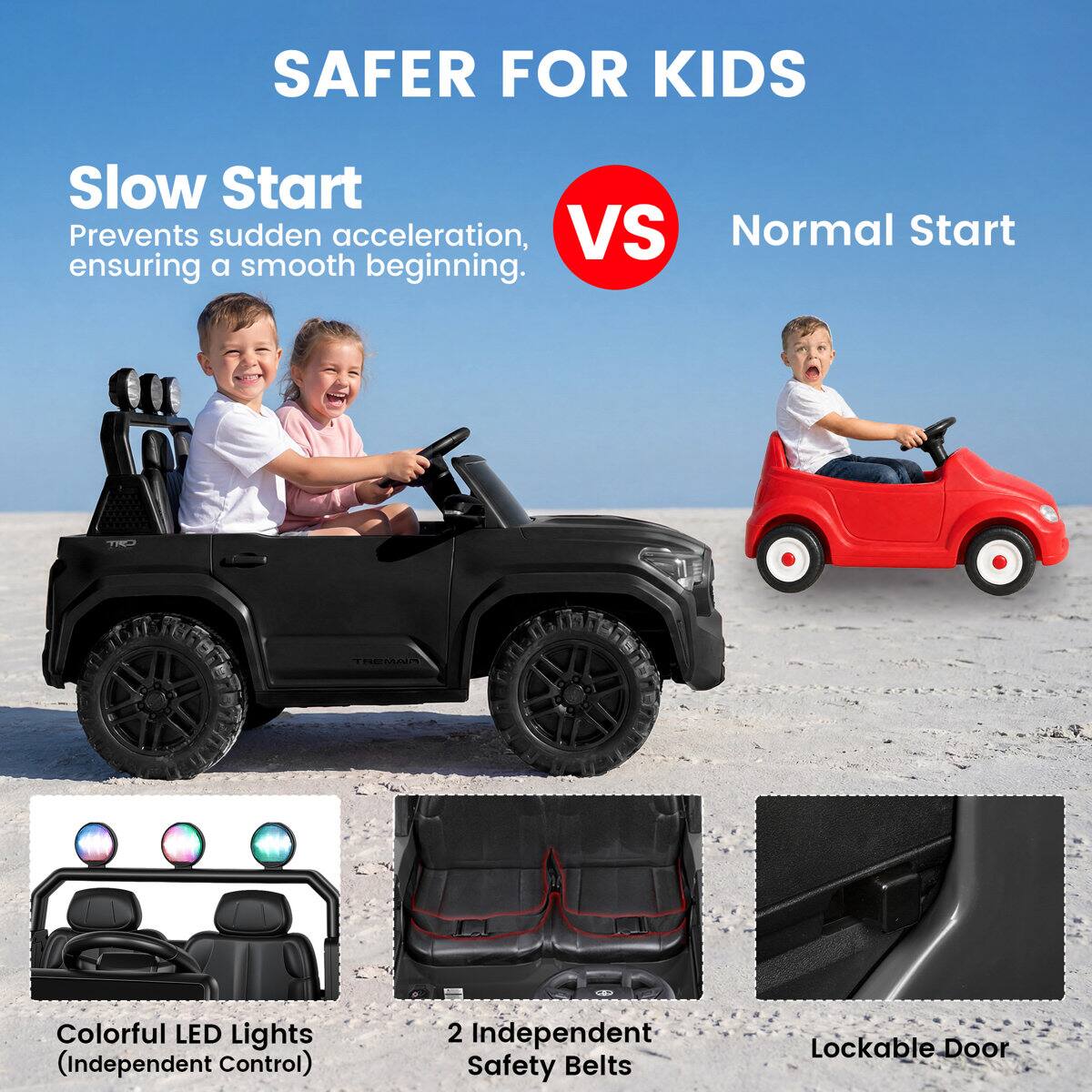 SAFER FOR KIDS

Slow Start
Prevents sudden acceleration, ensuring a smooth beginning.

VS

Normal Start

Colorful LED Lights (Independent Control)

2 Independent Safety Belts

Lockable Door