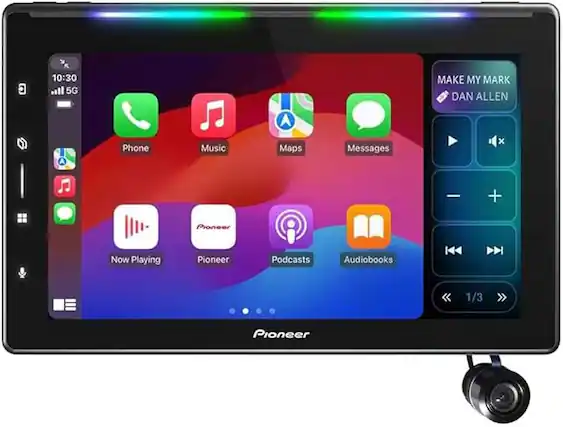 Sure, here is the corrected and grouped text from the image:
---
**Top Left:**
- 10:30
- 5G
**Top Row (Left to Right):**
- Phone
- Music
- Maps
- Messages
**Bottom Row (Left to Right):**
- Now Playing
- Pioneer
- Podcasts
- Audiobooks
**Right Side:**
- MAKE MY MARK
- DAN ALLEN
**Bottom Right:**
- 1/3
**Bottom Center:**
- Pioneer
---