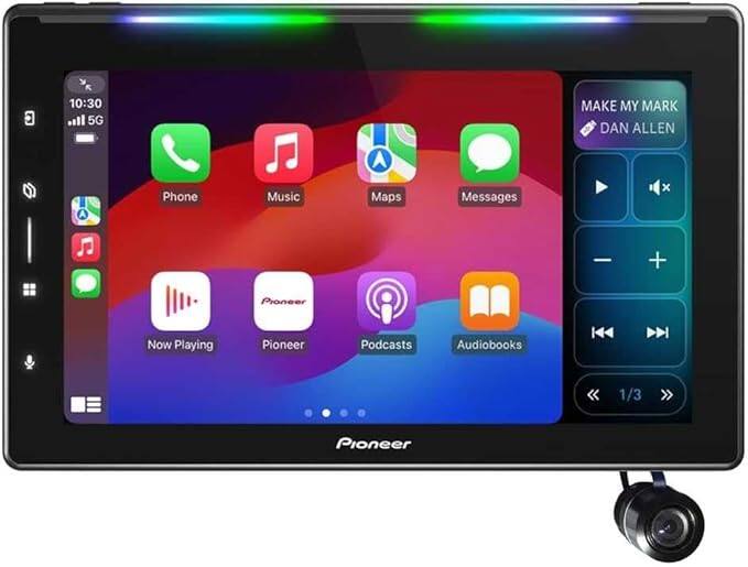 Sure, here is the corrected and grouped text from the image:

---

**Top Left:**
- 10:30
- 5G

**Top Row (Left to Right):**
- Phone
- Music
- Maps
- Messages

**Bottom Row (Left to Right):**
- Now Playing
- Pioneer
- Podcasts
- Audiobooks

**Right Side:**
- MAKE MY MARK
- DAN ALLEN

**Bottom Right:**
- 1/3

**Bottom Center:**
- Pioneer

---