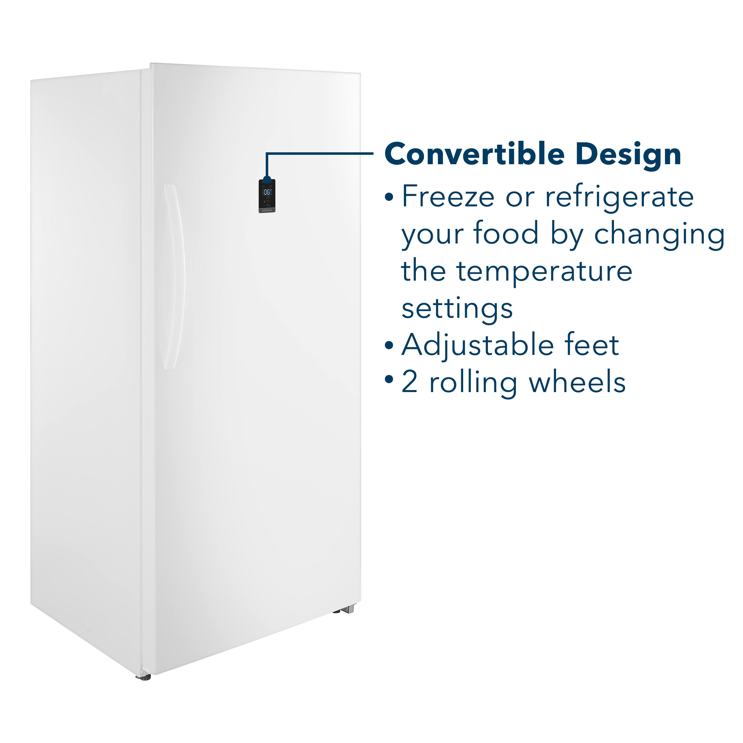 The text on the image is already grouped and correctly written. It states "Convertible Design: Freeze or refrigerate your food by changing the temperature settings. Adjustable feet. 2 rolling wheels."
