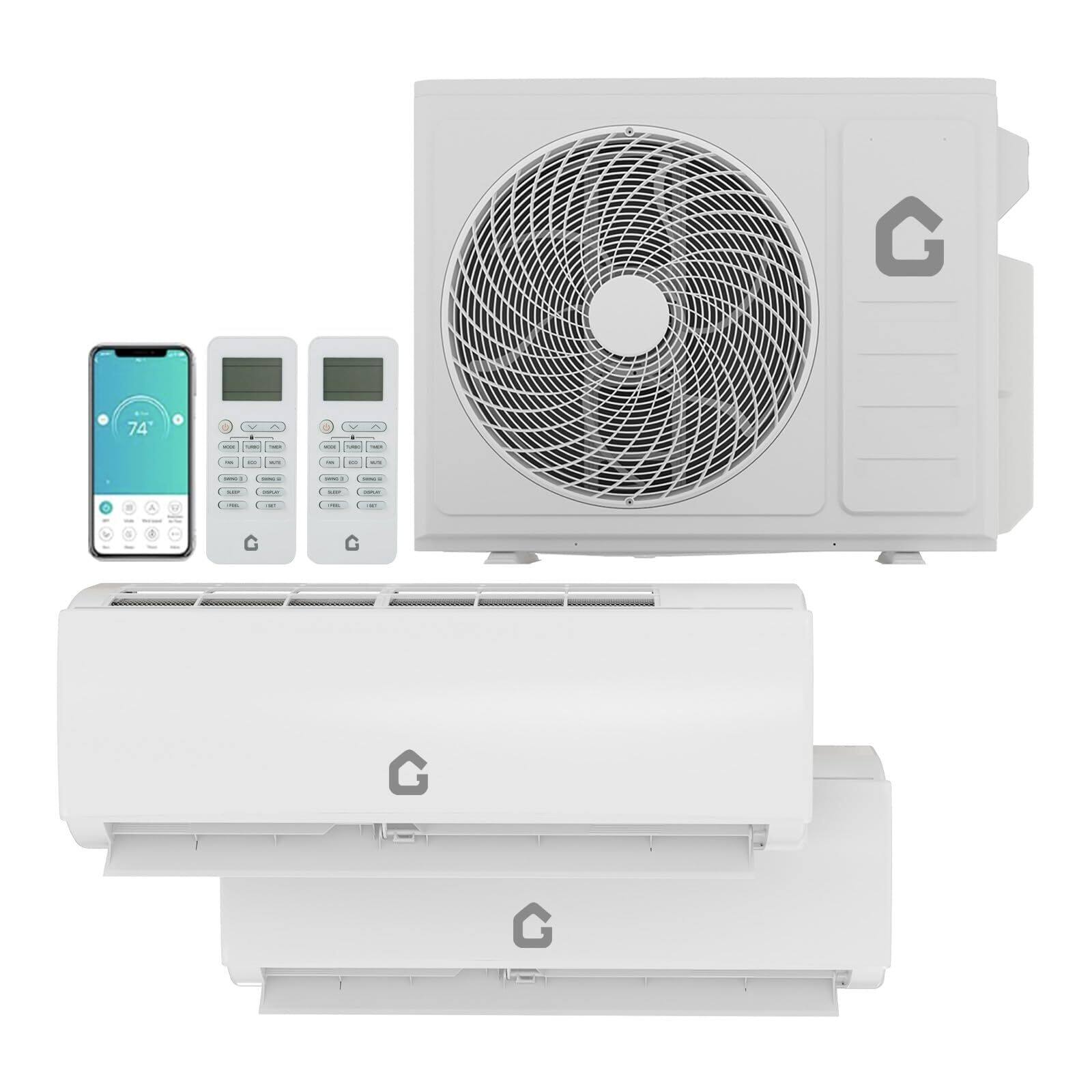 GARVEE - 18K Dual 2 Zone 12000 BTU+ 12000 BTU Ductless Mini Split Air Conditioner 24 SEER2 AC Unit w/Pre-Charged Heat Pump - White