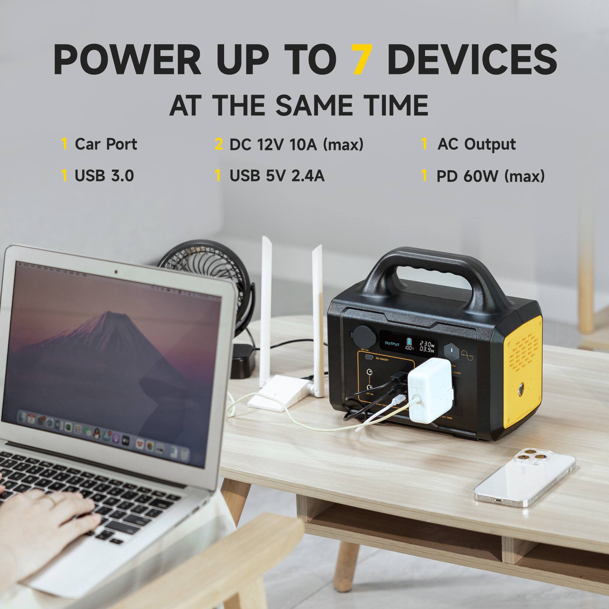 POWER UP TO 7 DEVICES AT THE SAME TIME

1 Car Port
2 DC 12V 10A (max)
1 AC Output
1 USB 3.0
1 USB 5V 2.4A
1 PD 60W (max)