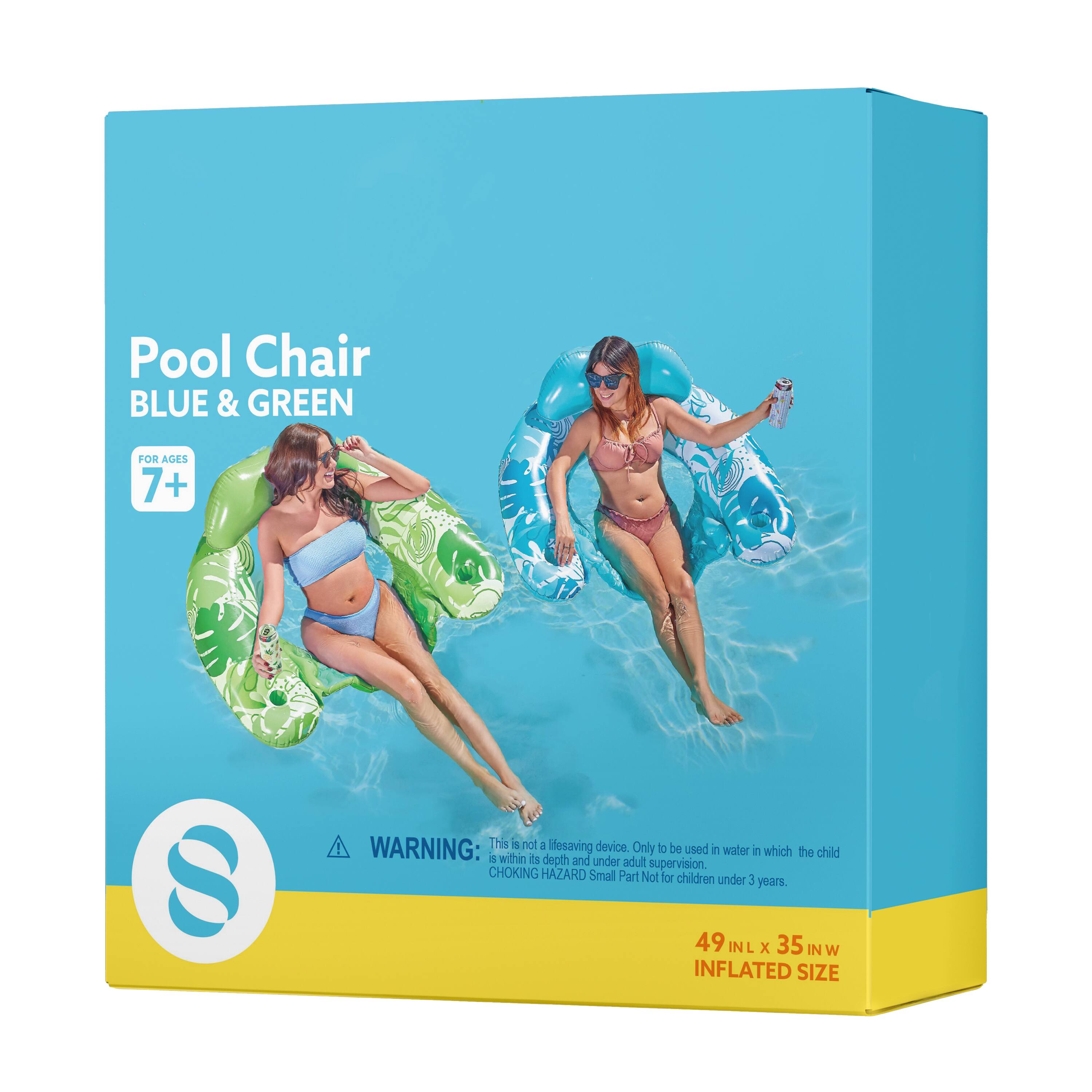 Pool Chair BLUE & GREEN  
FOR AGES 7+  

WARNING: This is not a lifesaving device. Only to be used in water in which the child is within its depth and under adult supervision.  
CHOKING HAZARD Small Part Not for children under 3 years.  

49 INL x 35 IN W INFLATED SIZE