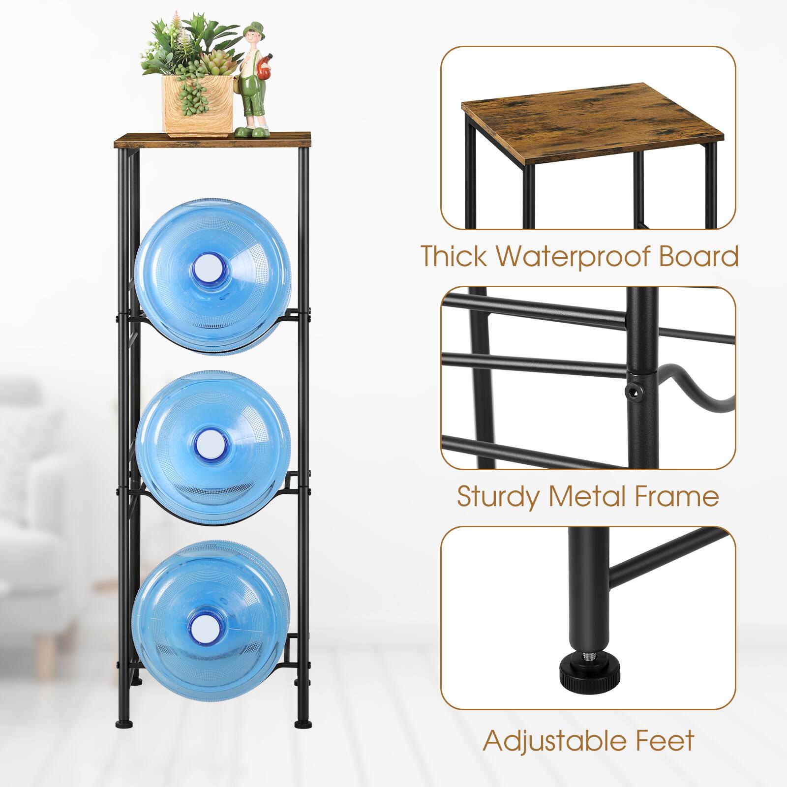 Thick Waterproof Board  
Sturdy Metal Frame  
Adjustable Feet