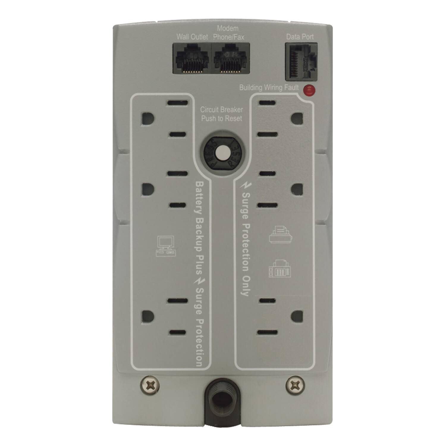 - Modem Wall Outlet Phone/Fax
- Data Port
- Building Wiring Fault
- Circuit Breaker Reset
- Battery Backup Plus Surge Protection
- Surge Protection Only