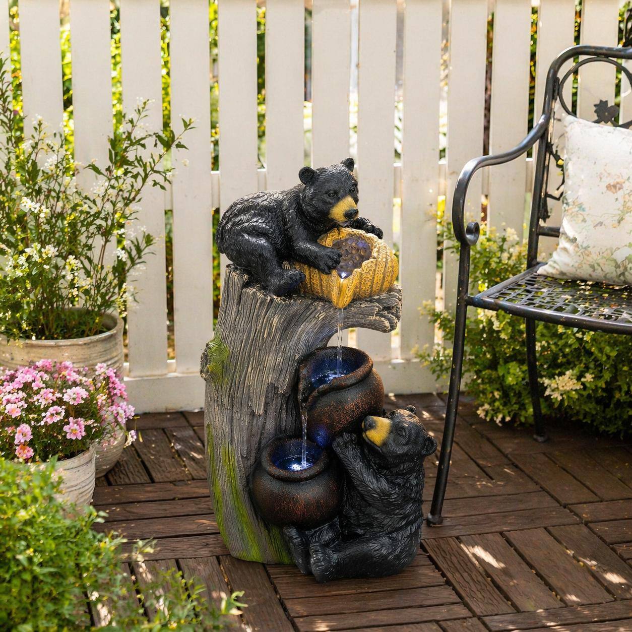 Back. RYHNUYNE - Bear Outdoor Water Fountain with LED Lights 23.62 Inch Cascading Garden Fountain for Patio Yard Balcony Porch.