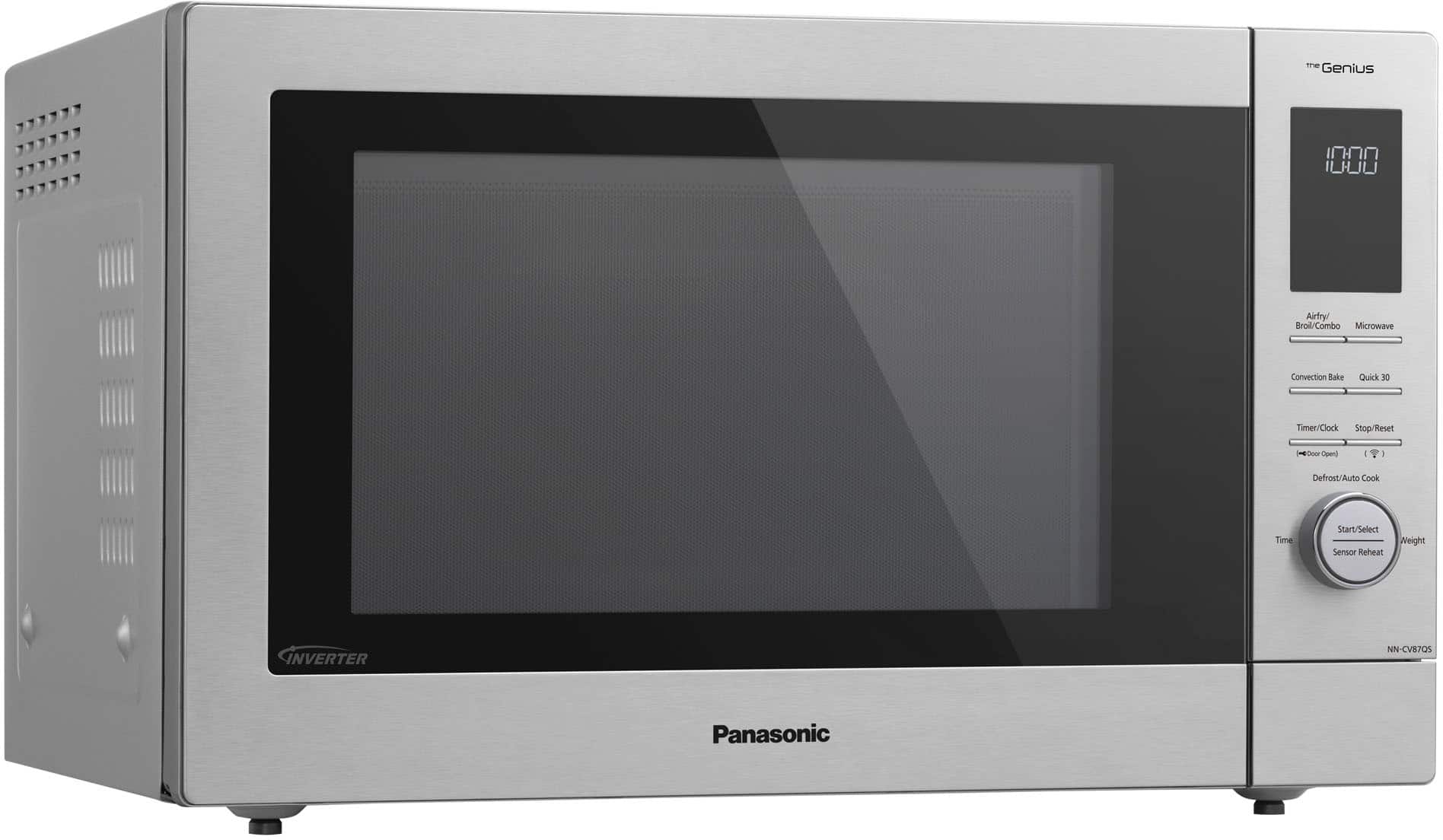 The image features a Panasonic microwave oven with a silver exterior. It is a combination microwave and convection oven, with a quick 90 timer and a clock that can be stopped, reset, or opened. The oven also has a defrost feature, an auto cook time start, and a sensor reheat function. The microwave is designed to be energy-efficient, and it has a weight sensor for precise cooking.