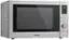 The image features a Panasonic microwave oven with a silver exterior. It is a combination microwave and convection oven, with a quick 90 timer and a clock that can be stopped, reset, or opened. The oven also has a defrost feature, an auto cook time start, and a sensor reheat function. The microwave is designed to be energy-efficient, and it has a weight sensor for precise cooking.
