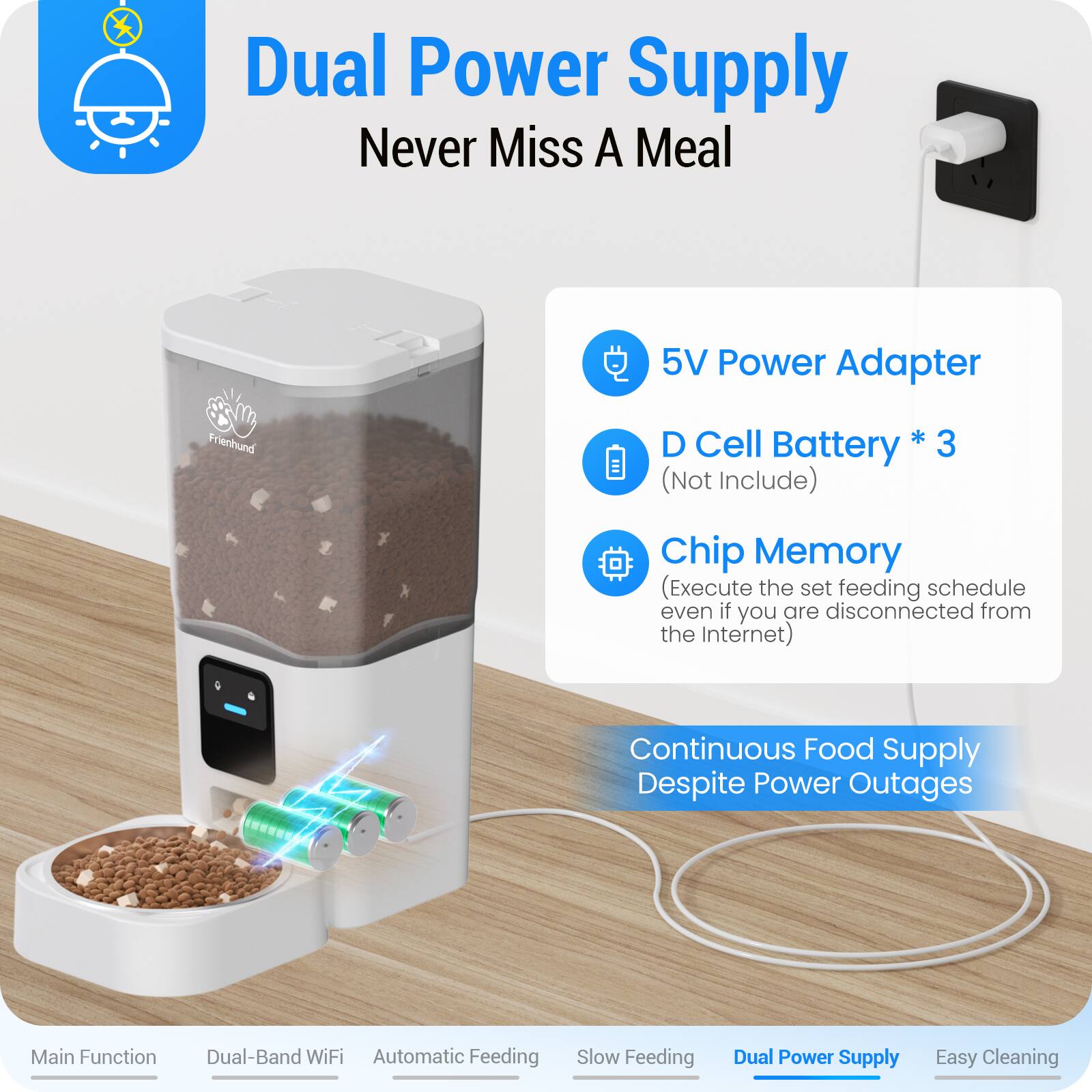 Dual Power Supply  
Never Miss A Meal

5V Power Adapter  
D Cell Battery * 3 (Not Include)  
Chip Memory (Execute the set feeding schedule even if you are disconnected from the Internet)  
Continuous Food Supply Despite Power Outages

Main Function  
Dual-Band WiFi  
Automatic Feeding  
Slow Feeding  
Dual Power Supply  
Easy Cleaning