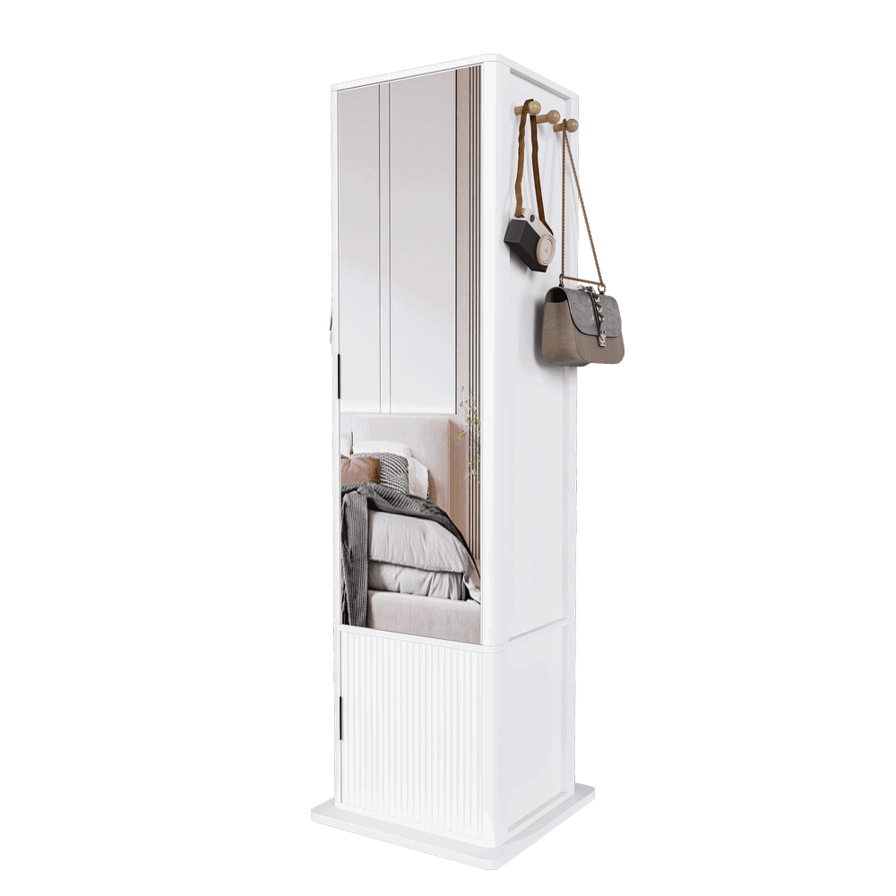 Alt View 6. Kadyn - 360° Rotating Makeup & Jewelry Cabinet, Full Length Mirror Cabinet with Coat Rack, 4 Open & 2 Built-In Shelves, White.